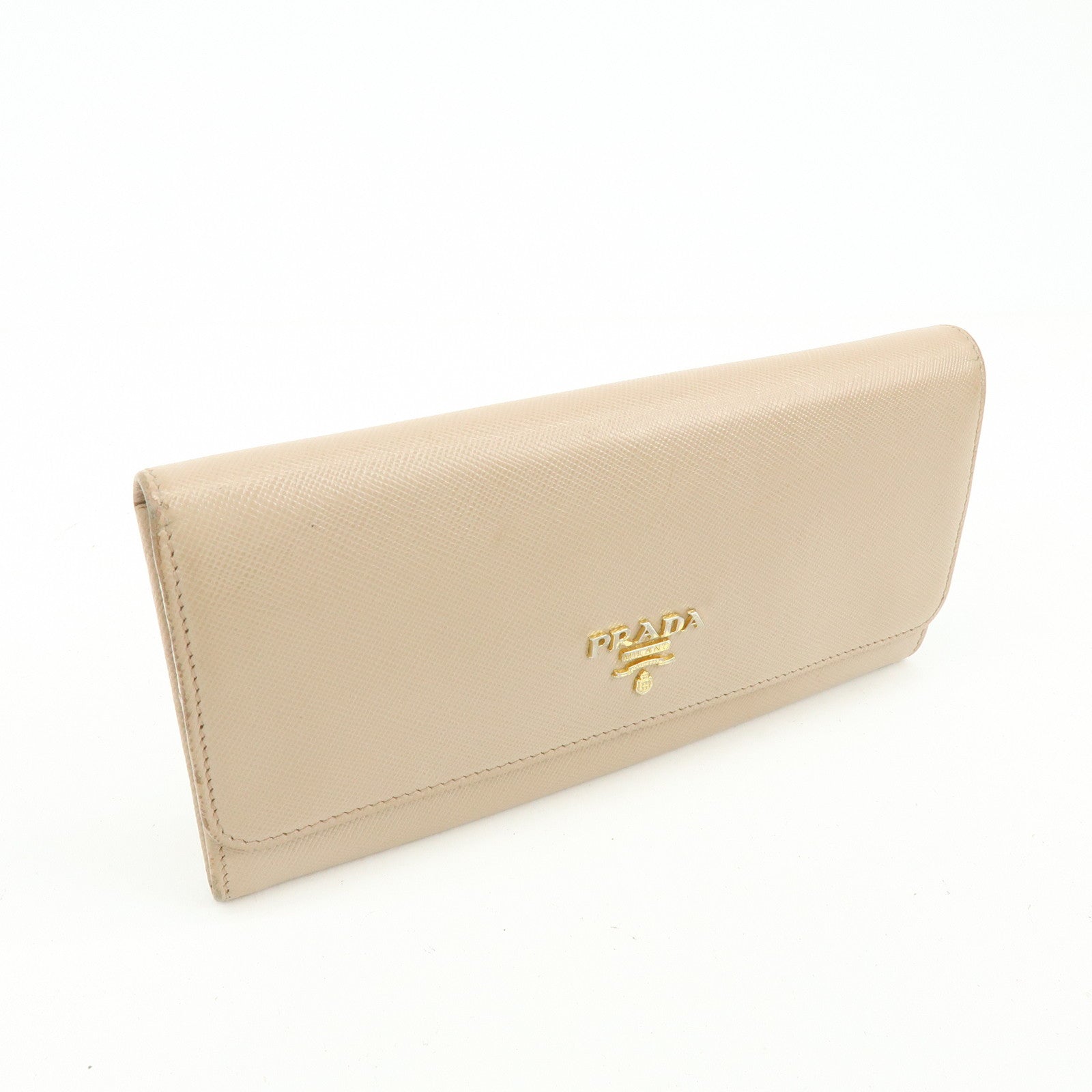 PRADA Logo Saffiano Leather Flap Bi-Fold Long Wallet Beige
