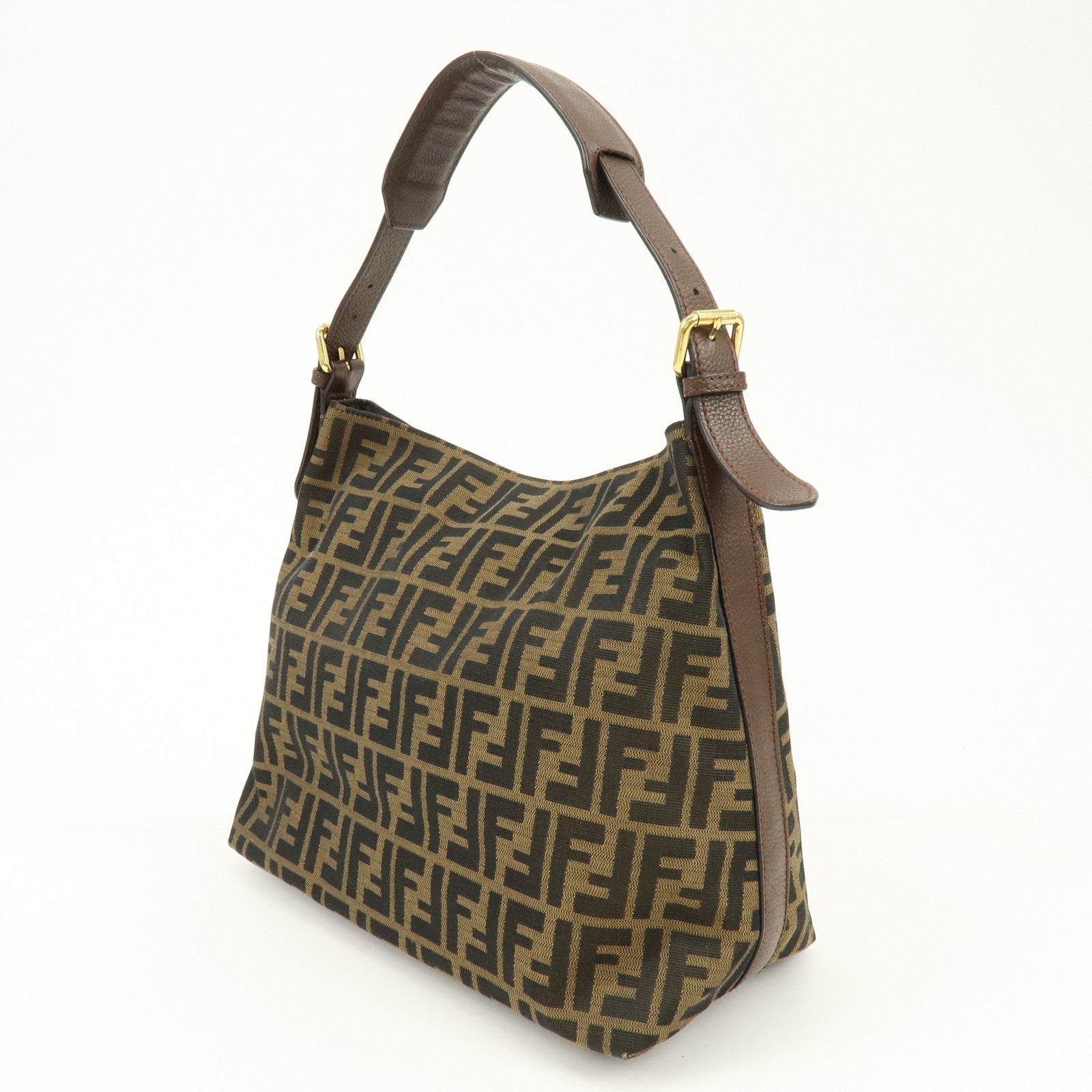 FENDI Zucca Canvas Leather Shoulder Bag Black Brown 8BR698