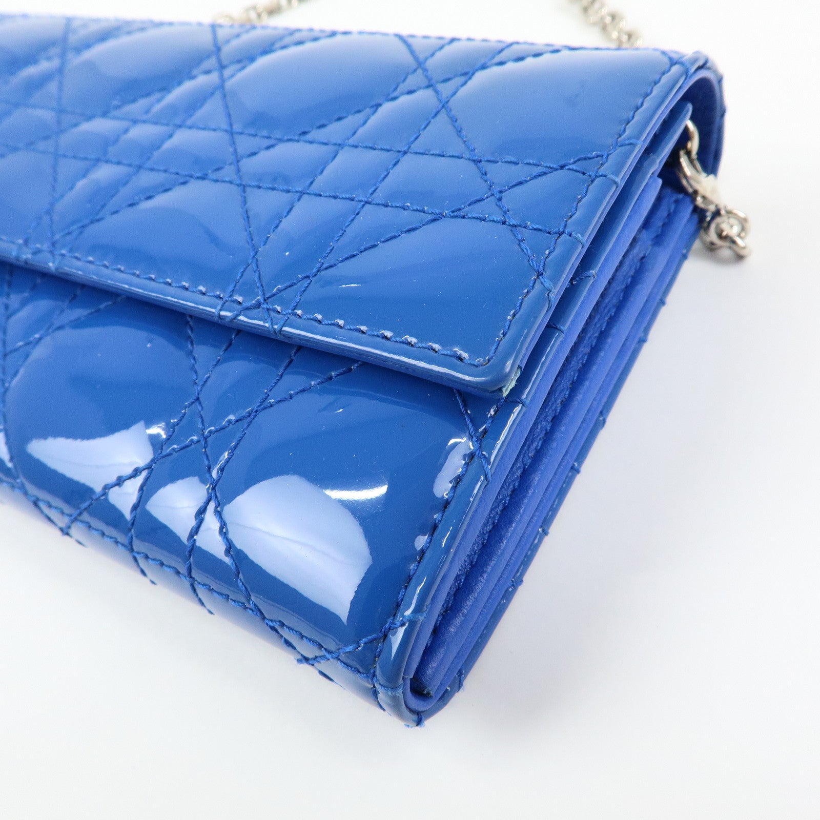 Christian Dior Cannage Patent Leather Chain Wallet WOC Blue Silver