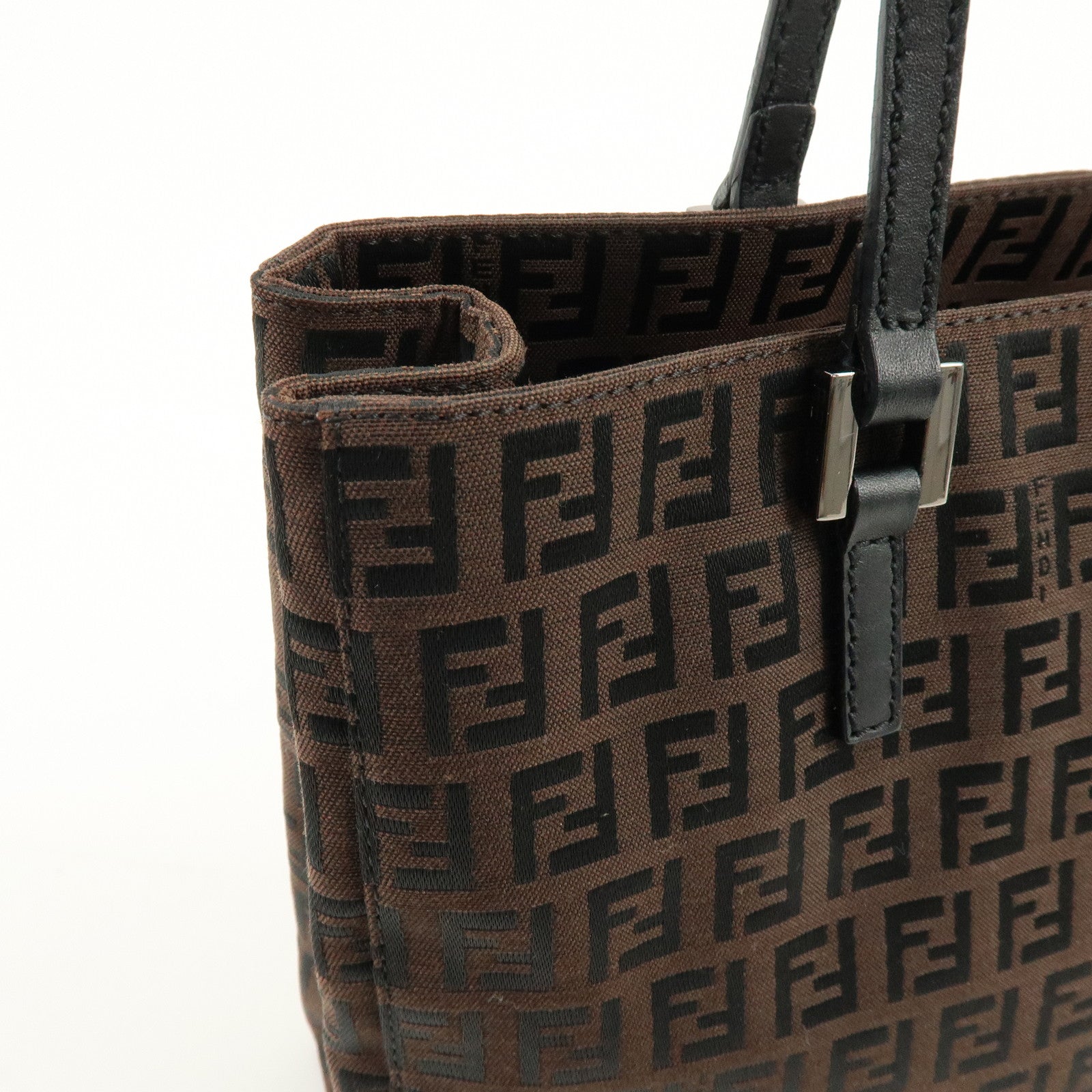 FENDI Zucchino Canvas Leather Tote Bag Shoulder Bag Brown Black