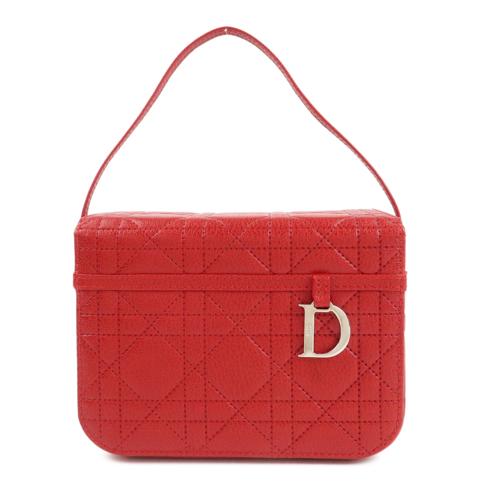 Christian Dior Cannage Leather Vanity Bag Hand Bag Red Silver HDW Used