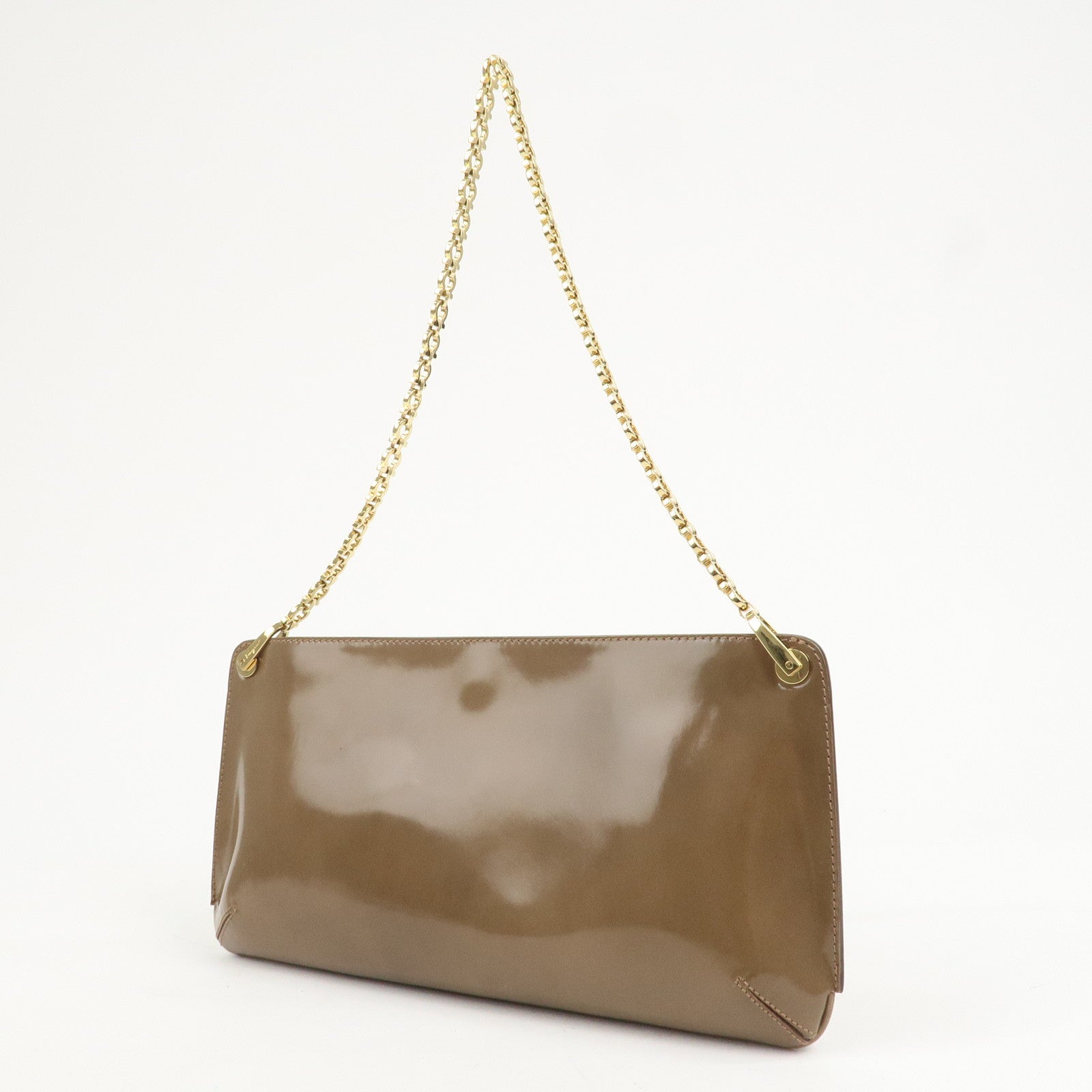 Ferragamo Gancini Patent Leather Chain Shoulder Bag Beige Gold HDW