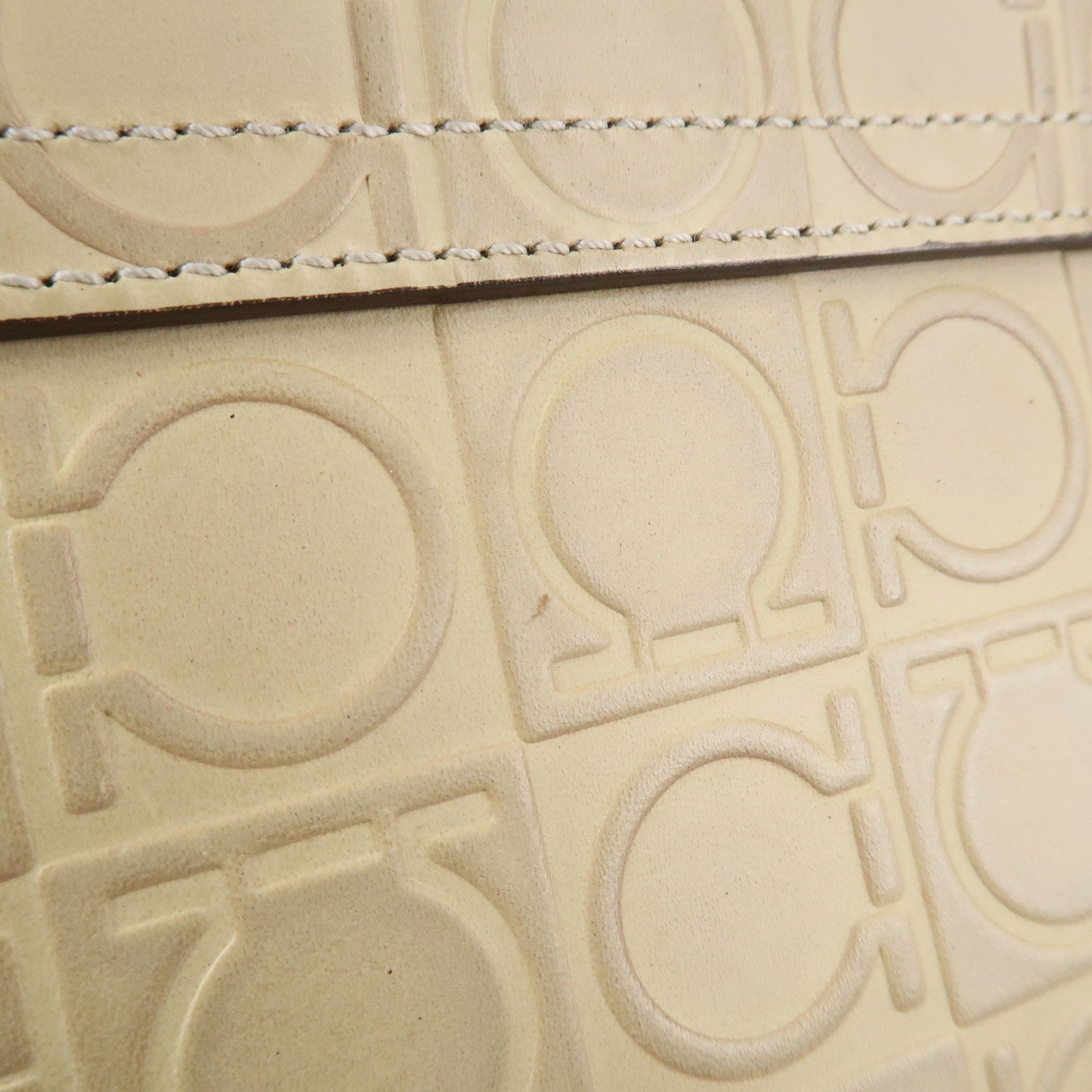 Ferragamo Gancini Pattern Leather Hand Bag Ivory Used