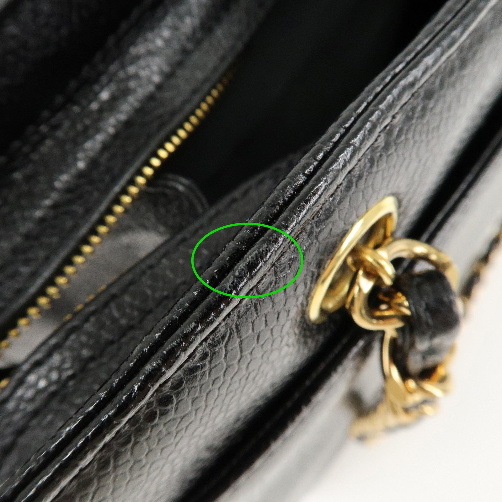 CHANEL COCO Mark Caviar Skin Chain Tote Bag Black Gold Used