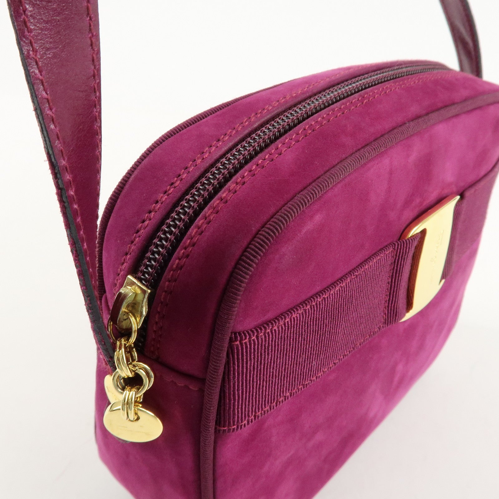 Ferragamo Vara Ribbon Suede Leather Shoulder Bag Purple Used