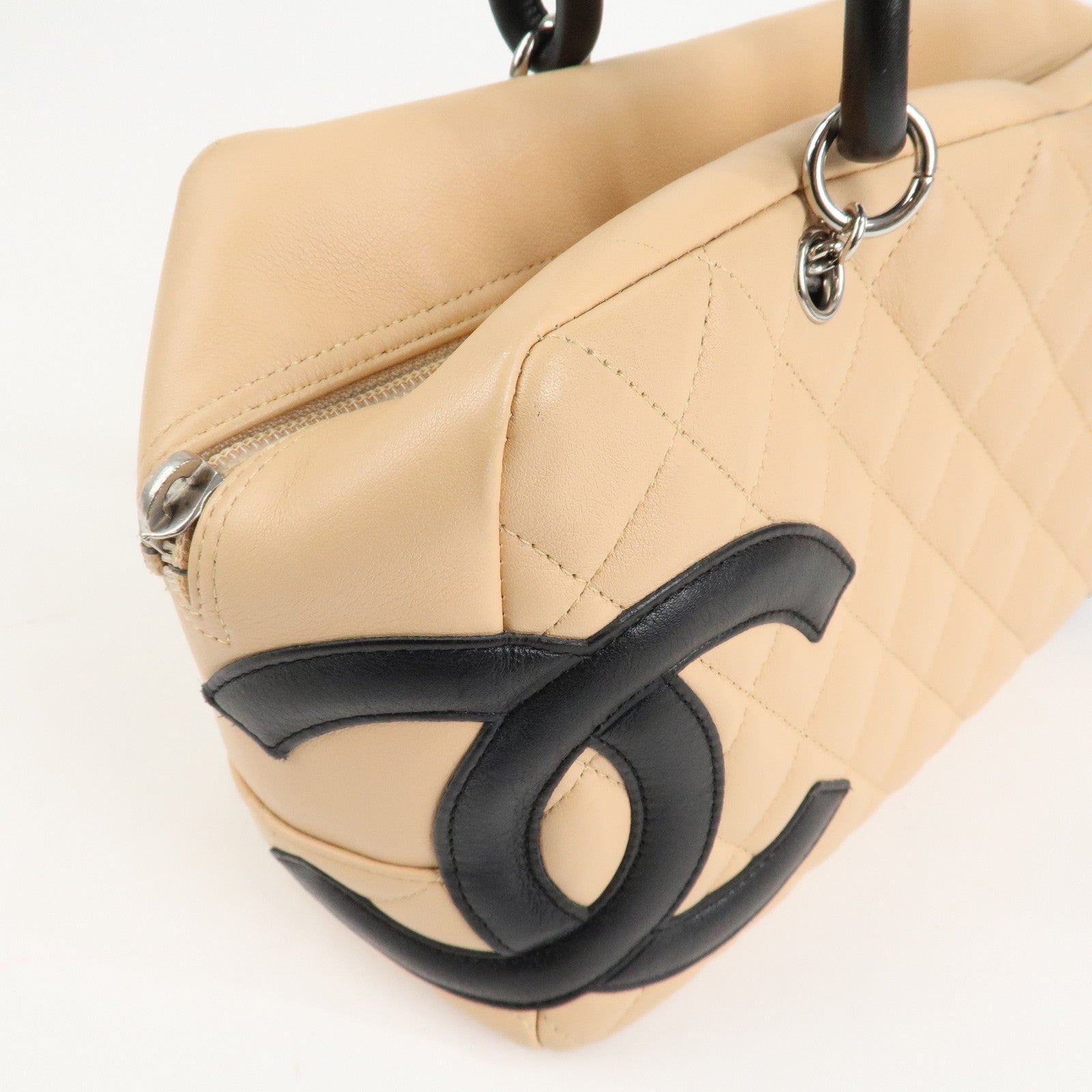CHANEL Cambon Line Lamb Skin Bowling Bag Hand Bag Beige A25171 Used