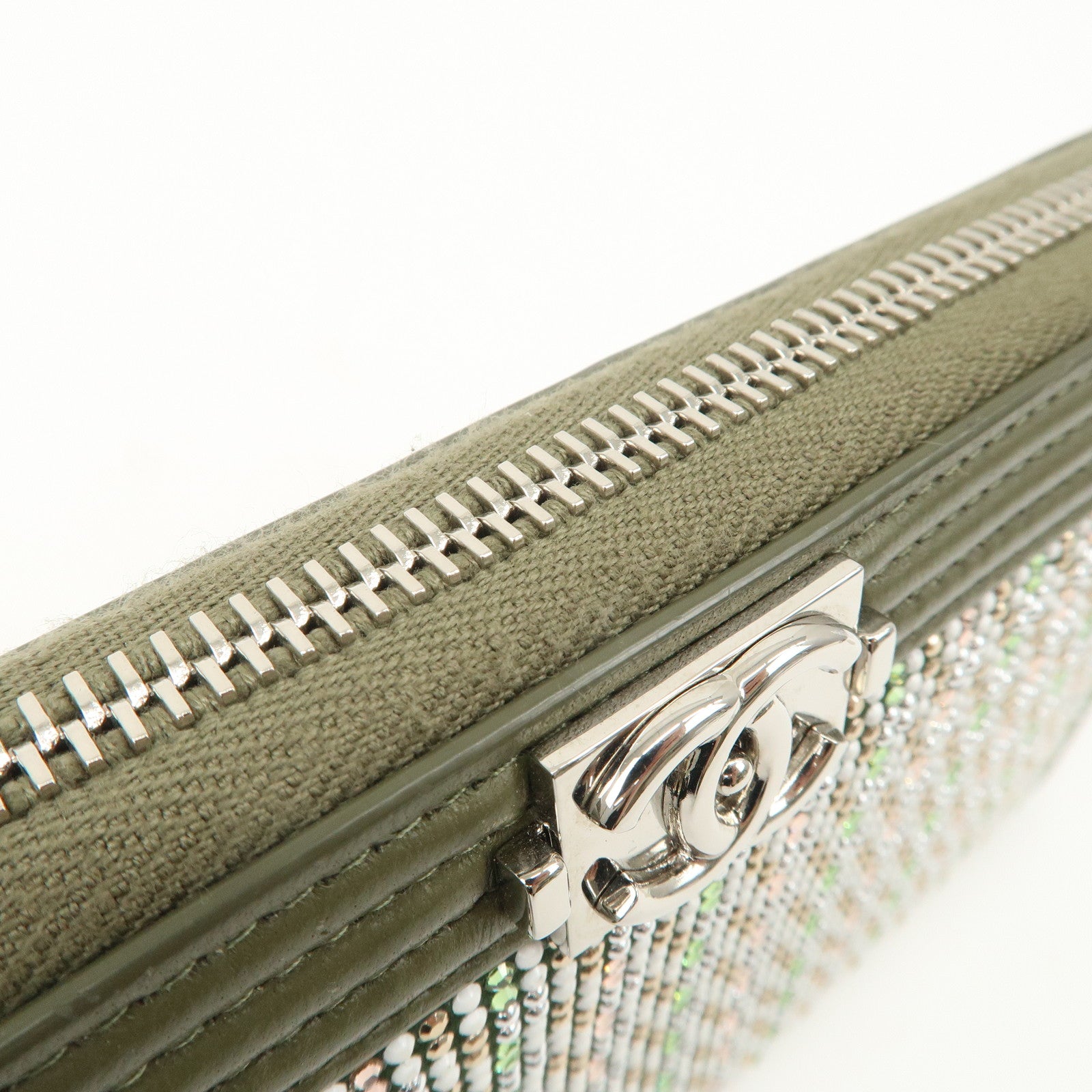 CHANEL Boy Chanel Rhine Stone Leather Round Zipper Long Wallet Used