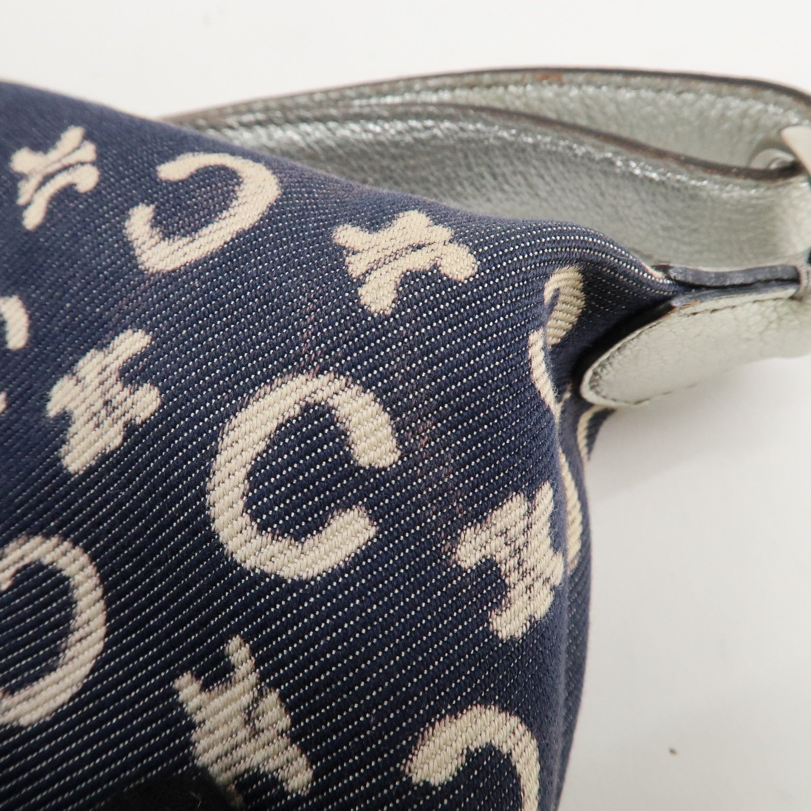 CELINE C Macadam Canvas Leather Shoulder Bag Navy Silver Used