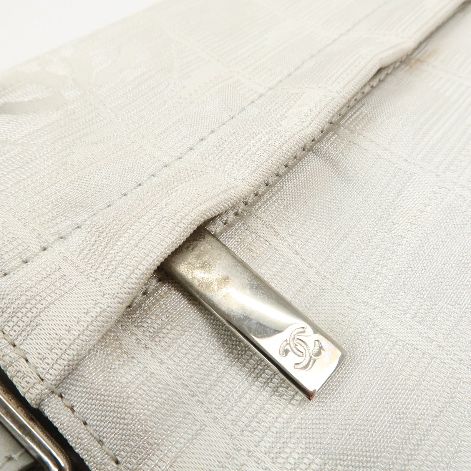 CHANEL New Travel Line Nylon Jacquard Shoulder Bag Silver A29347 Used