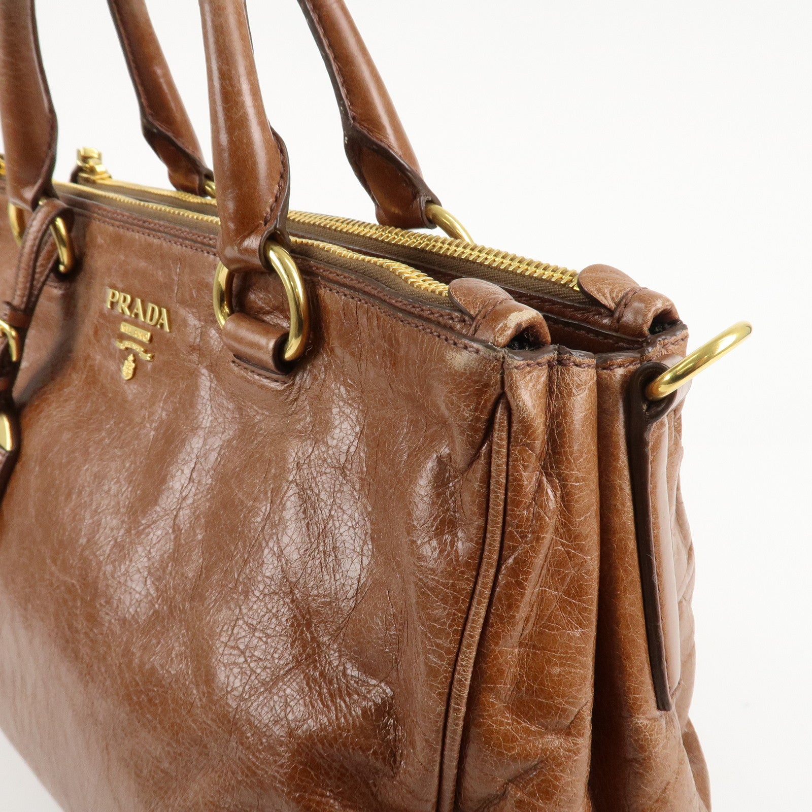 PRADA Leather 2Way Bag Shoulder Bag Hand Bag Brown Used