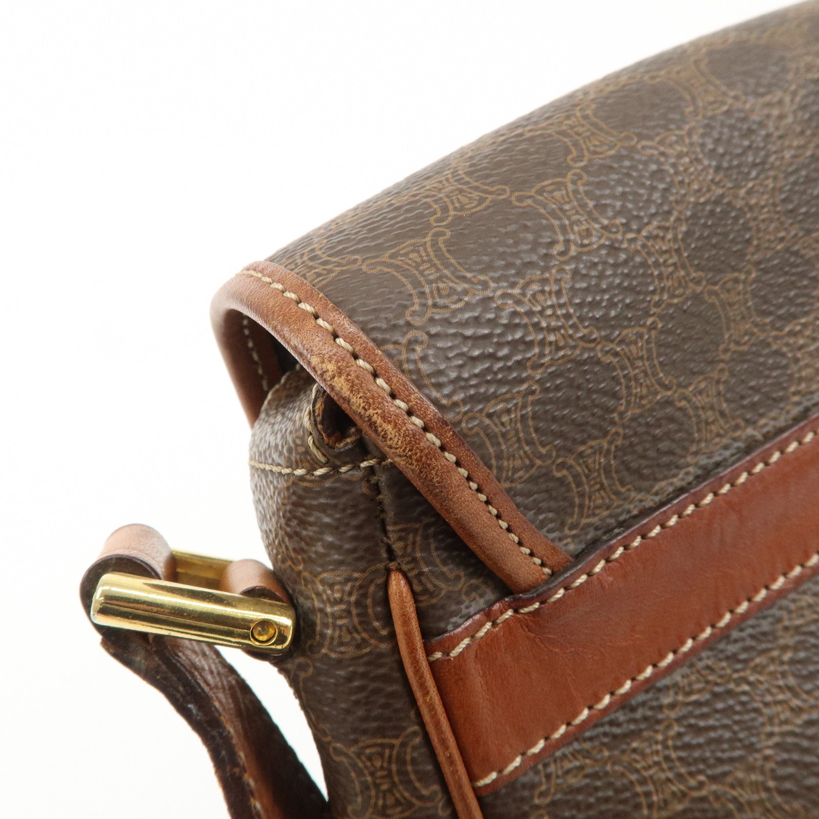 CELINE Macadam PVC Leather Shoulder Bag Brown Gold Hardware Used