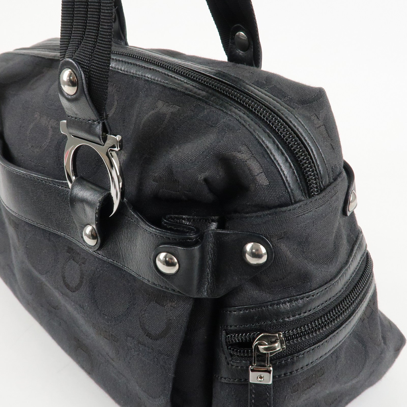 Ferragamo Gancini Pattern Canvas Leather Boston Bag Black Used