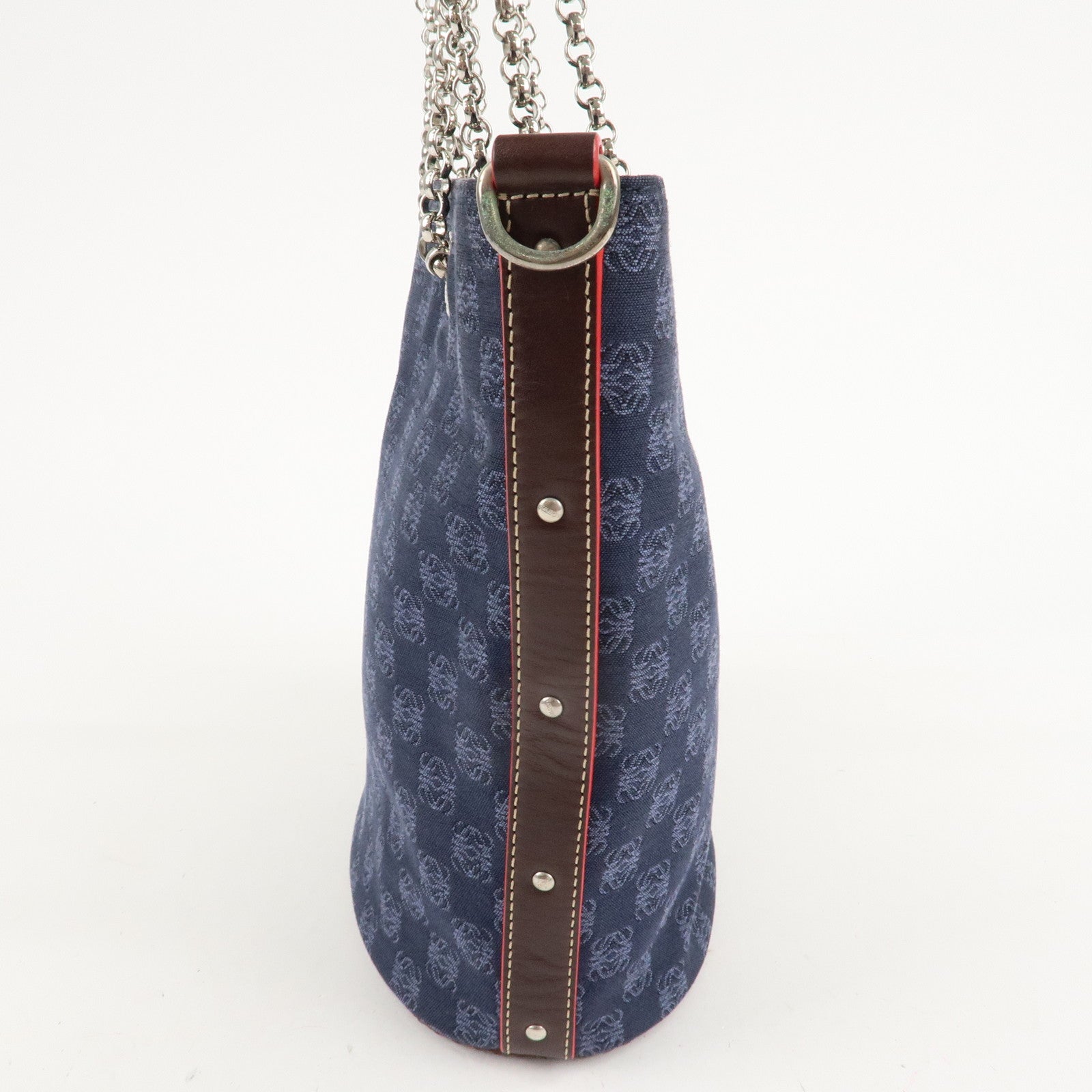 LOEWE Anagram Canvas Leather Chain Tote Bag Shoulder Bag Blue Used