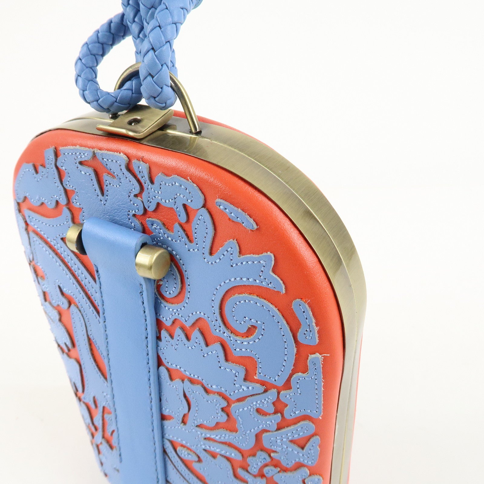 Tory Burch Leather Clutch Bag Hand Bag Gold Hardware Blue Red Used