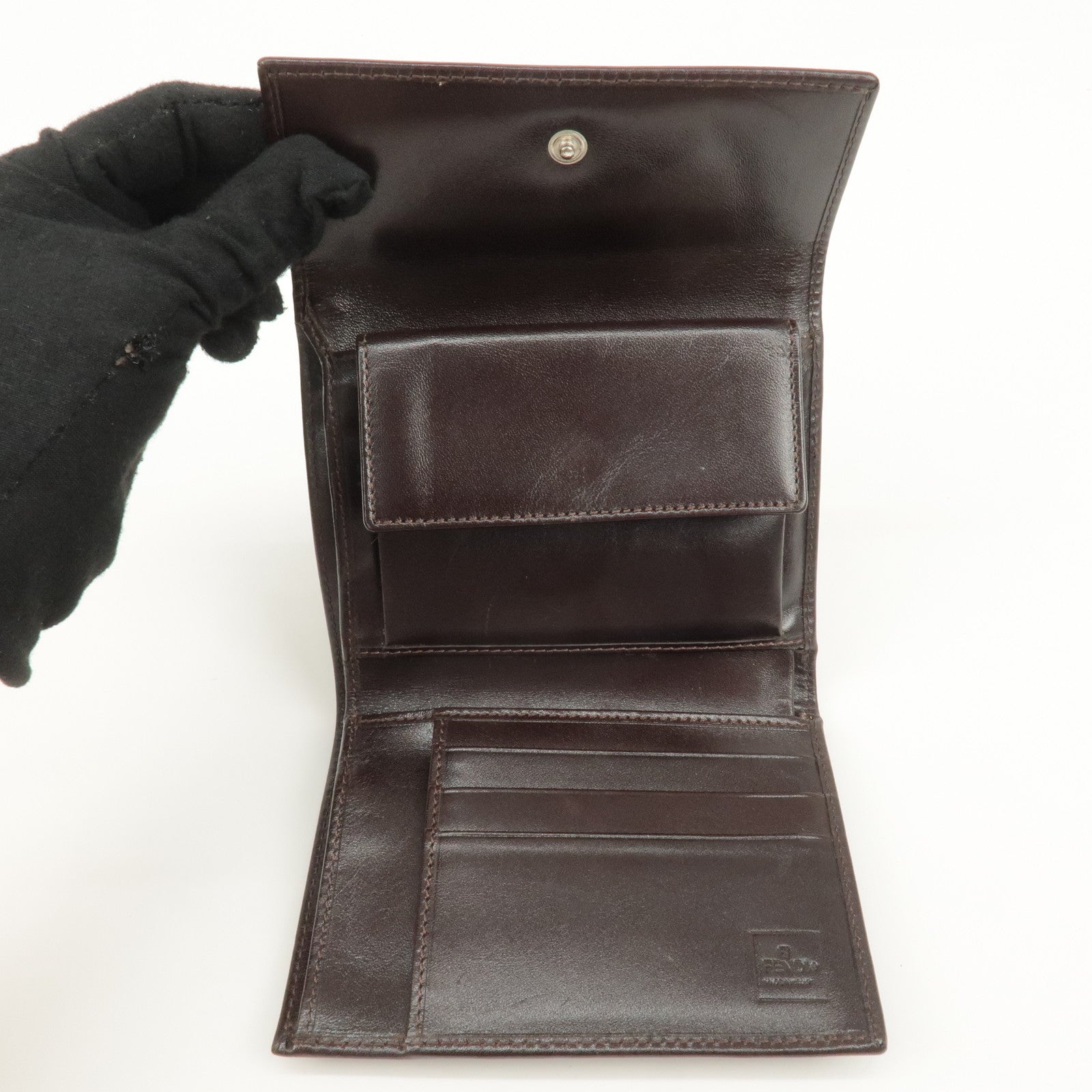 FENDI Zucca Canvas Leather Hook Tri-fold Wallet Brown 30729 Used