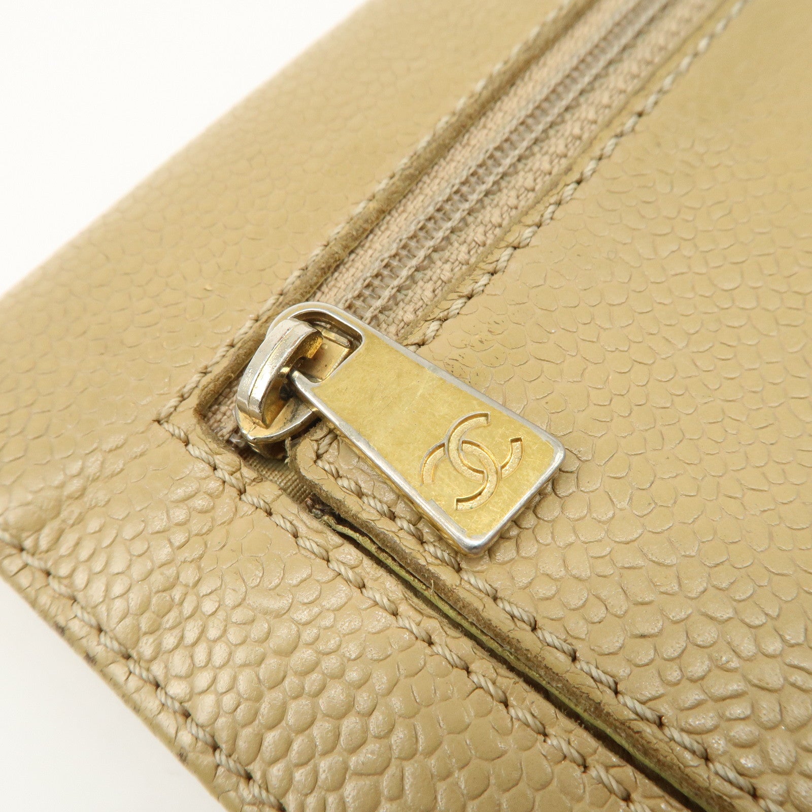 CHANEL Caviar Skin COCO Mark Tri-Fold Wallet Beige Gold Used