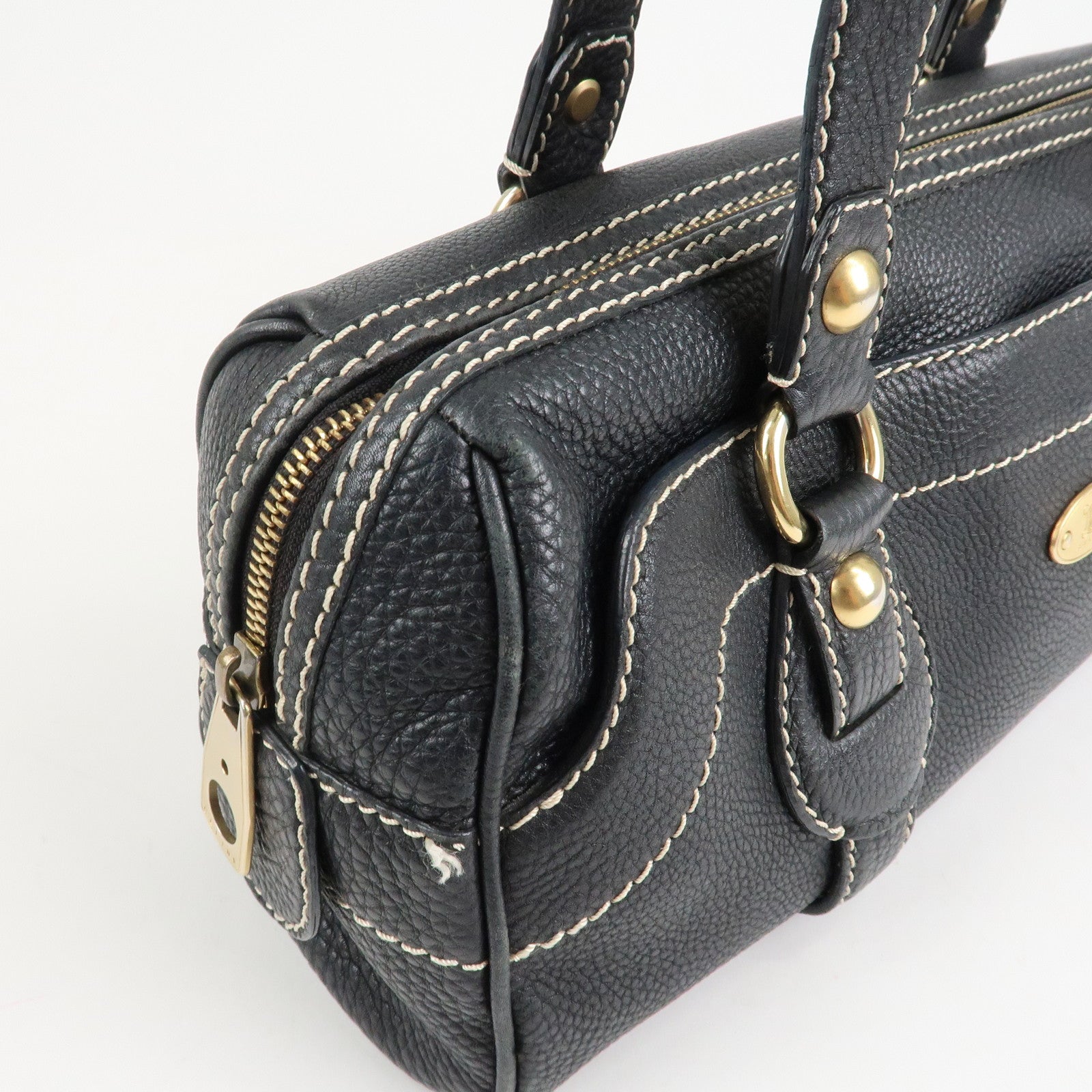 CELINE Leather Macadam Engraved Boston Bag Shoulder Bag Black Used