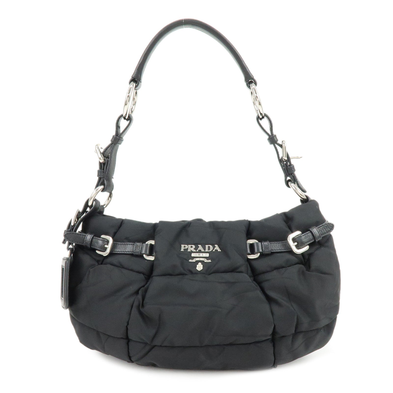 PRADA Logo Nylon Puffy Leather Shoulder Bag Hand Bag Black Silver
