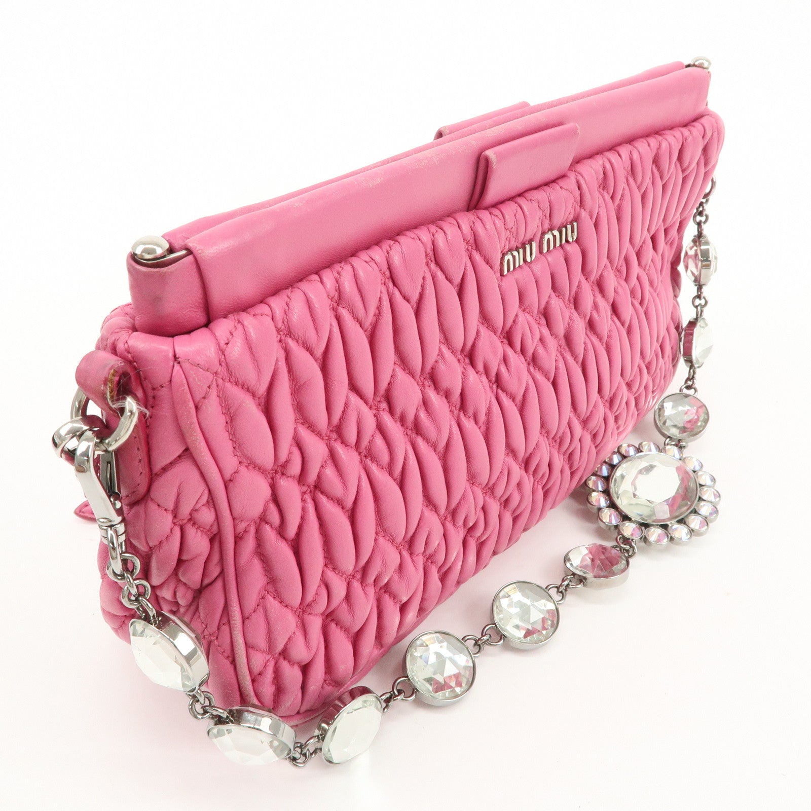 MIU MIU Matelasse Leather Bijou Shoulder Bag Hand Bag Pink Used
