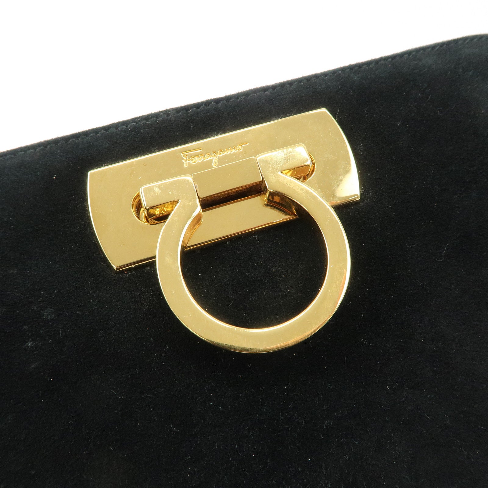 Salvatore Ferragamo Gancini Suede Chain Shoulder Black Bag Used