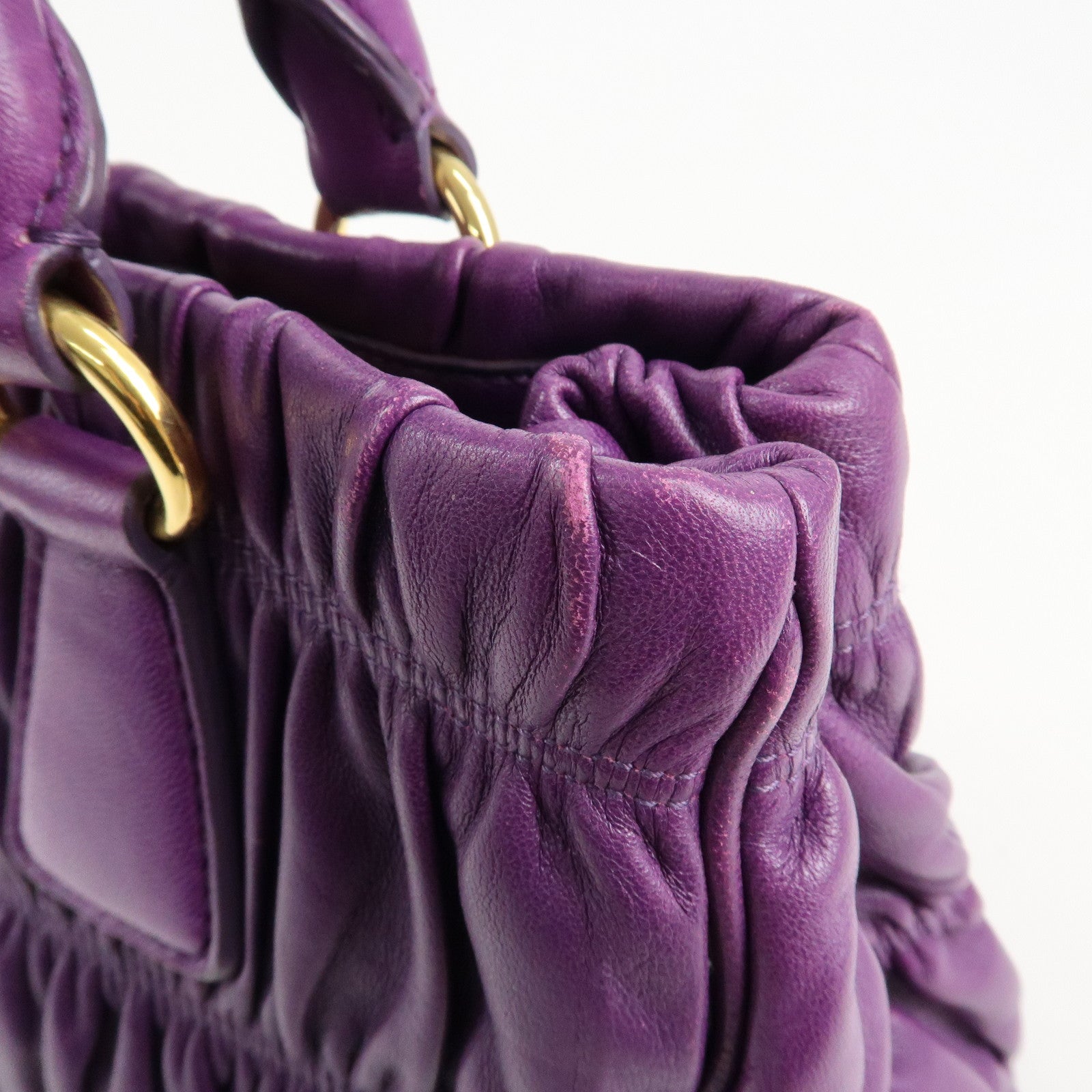 PRADA Leather Gathered Hand Bag Purple Gold Hardware BN2394 Used