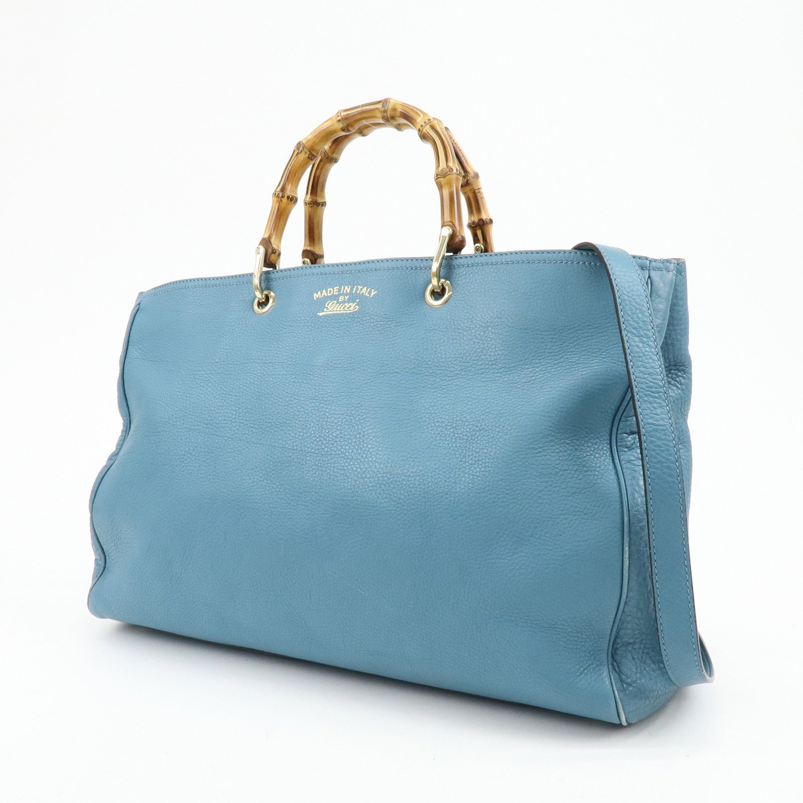 GUCCI Bamboo Shopper Large Leather Tote Bag 2Way Bag Blue 323658