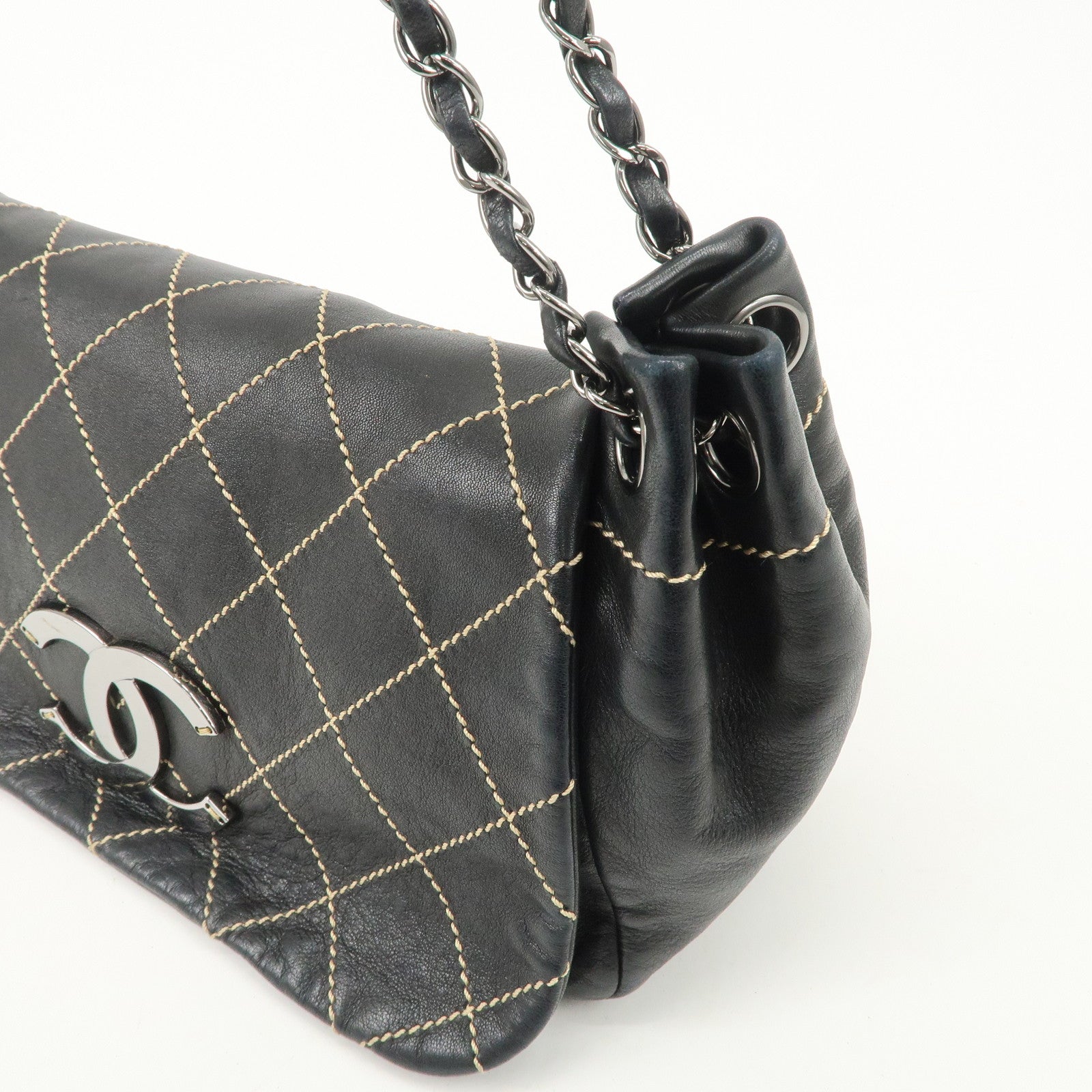 CHANEL COCO Mark Wild Stitch Lamb Skin Chain Shoulder Bag Black Used