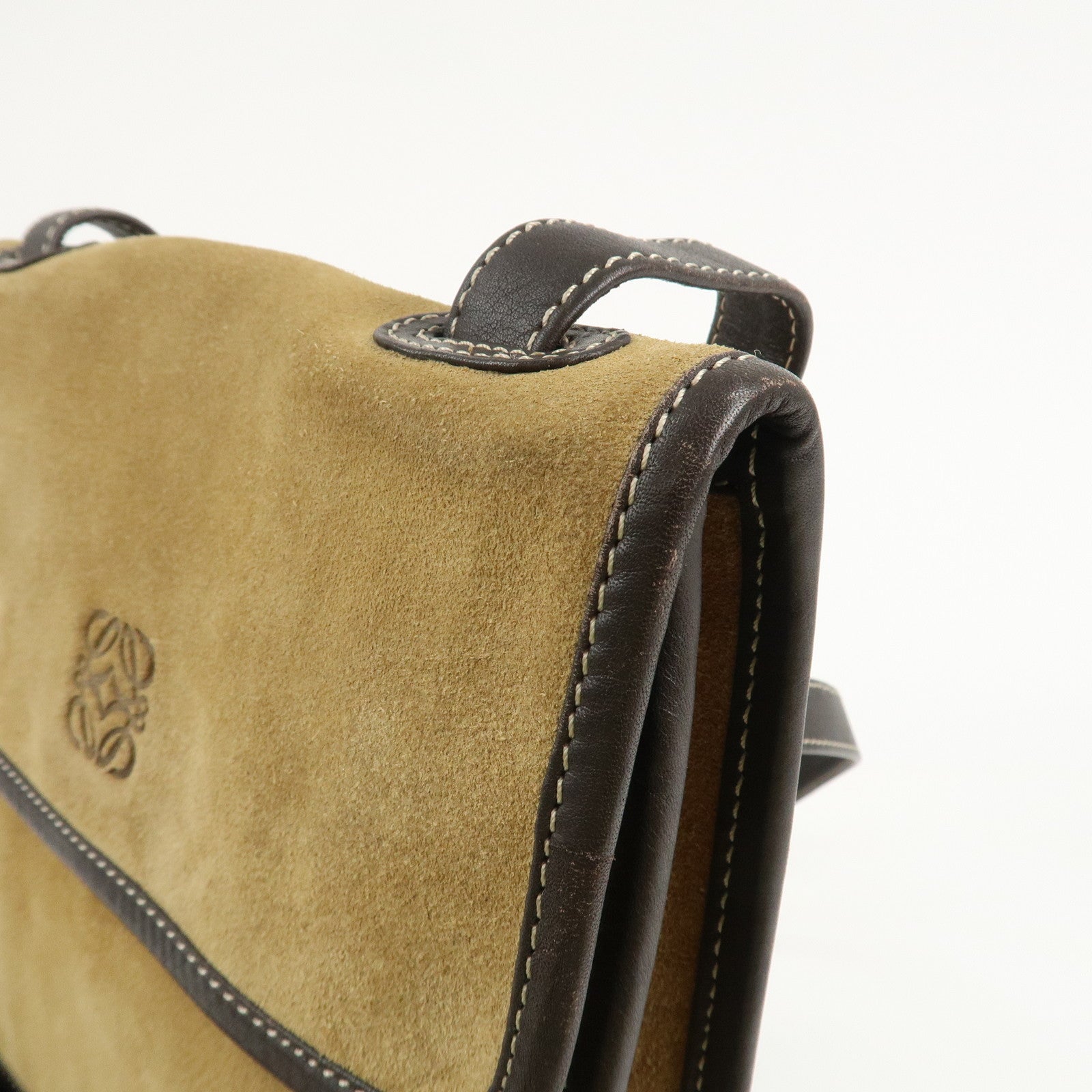 LOEWE Anagram Suede Leather Back Pack Ruck Sack Beige Dark Brown Used