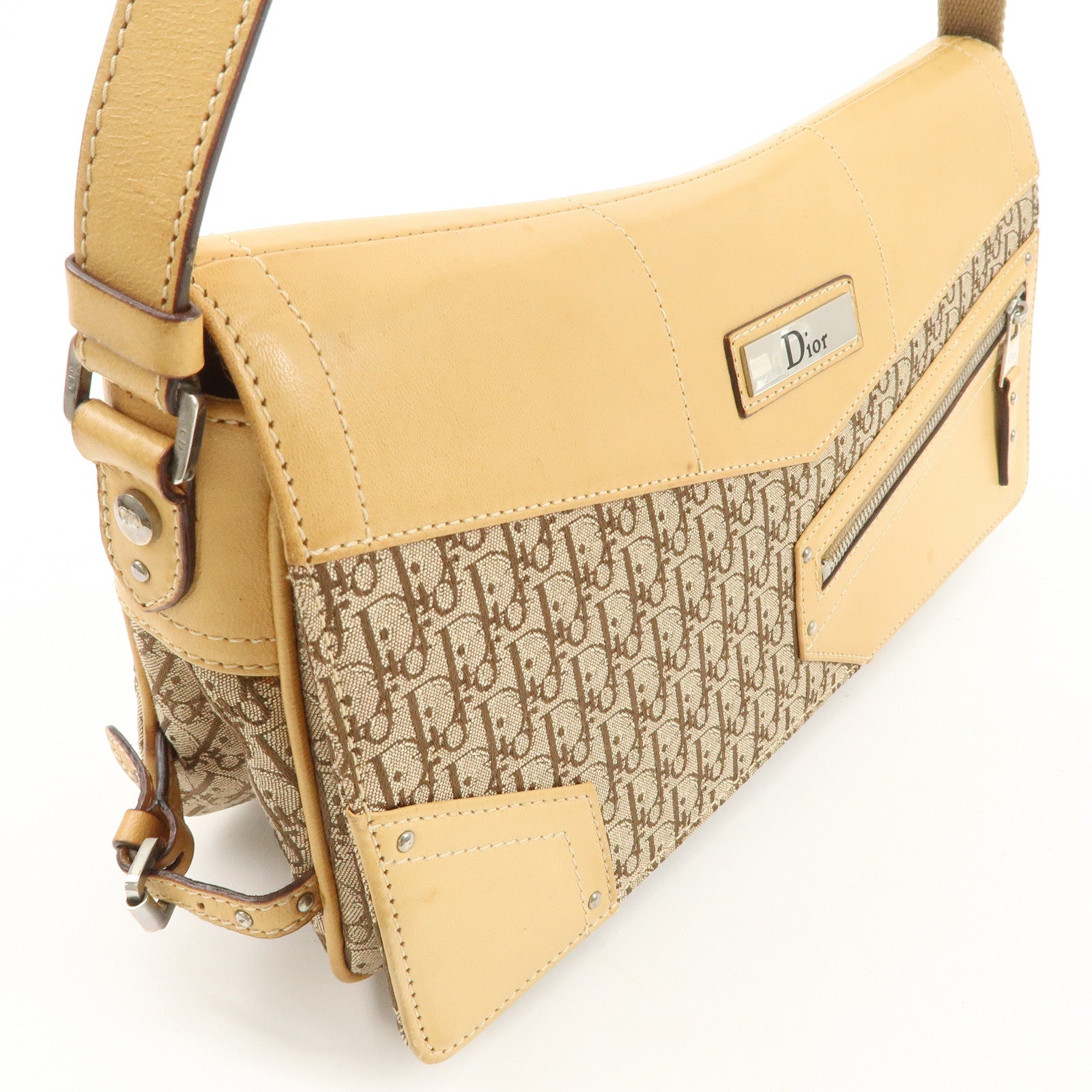 Christian Dior Trotter Canvas Leather Shoulder Bag Beige Used