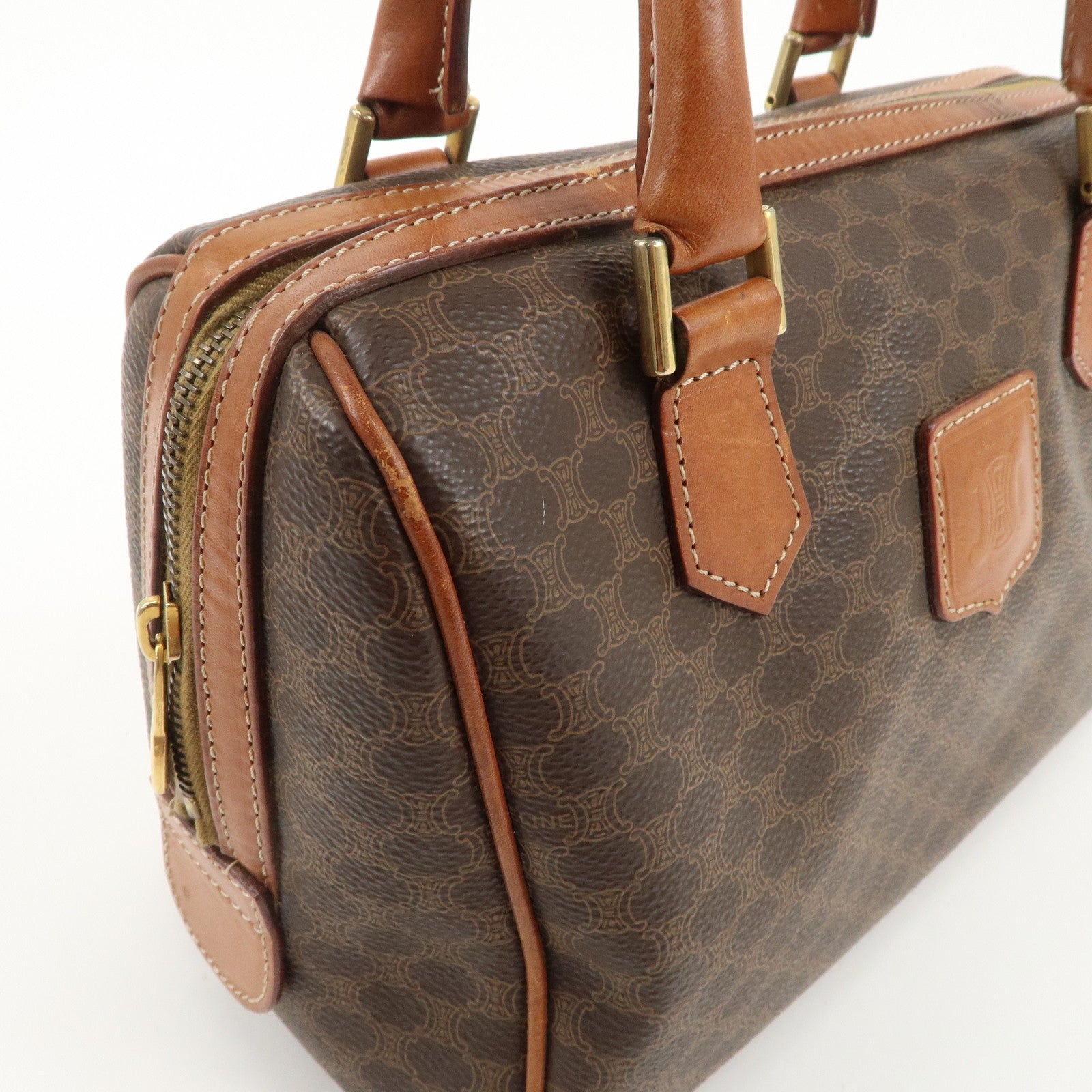 CELINE Macadam PVC Leather Boston Bag Hand Bag Brown Used