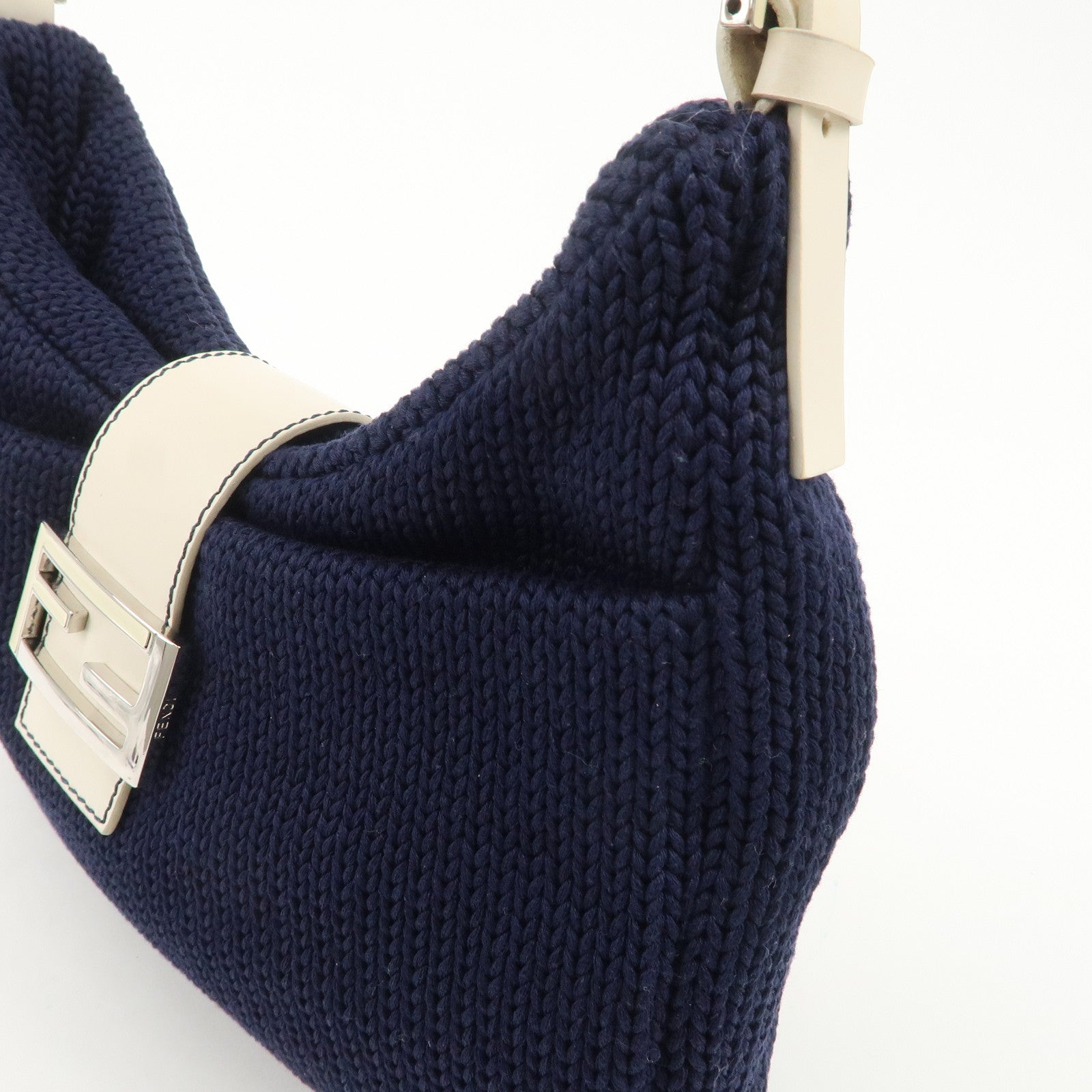 FENDI Wool Leather Shoulder Bag Navy White 26569 Used