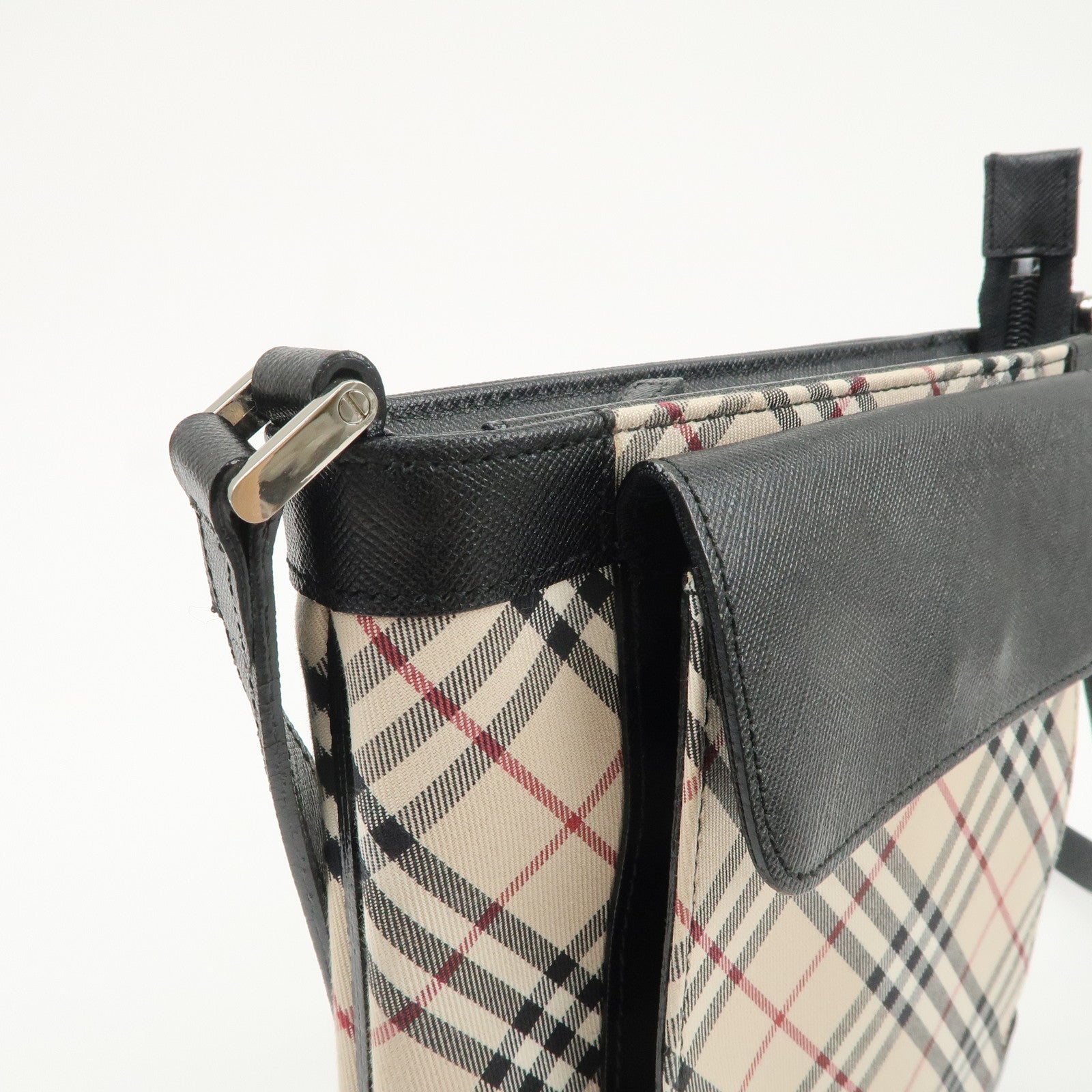 BURBERRY Canvas Leather Nova Plaid Shoulder Bag Beige Black Used