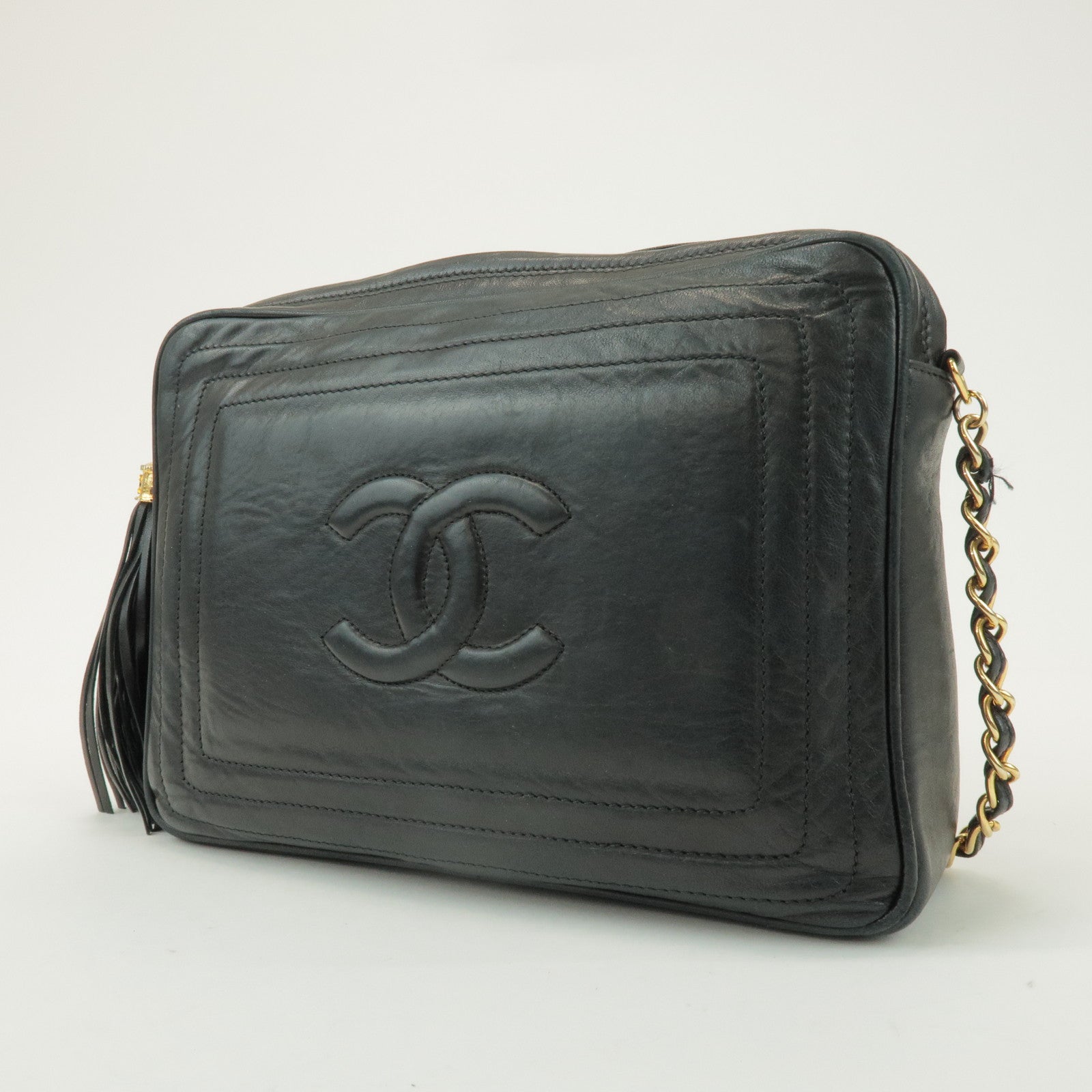 CHANEL COCO Mark Lamb Skin Chain Shoulder Bag Tassel Charm Black