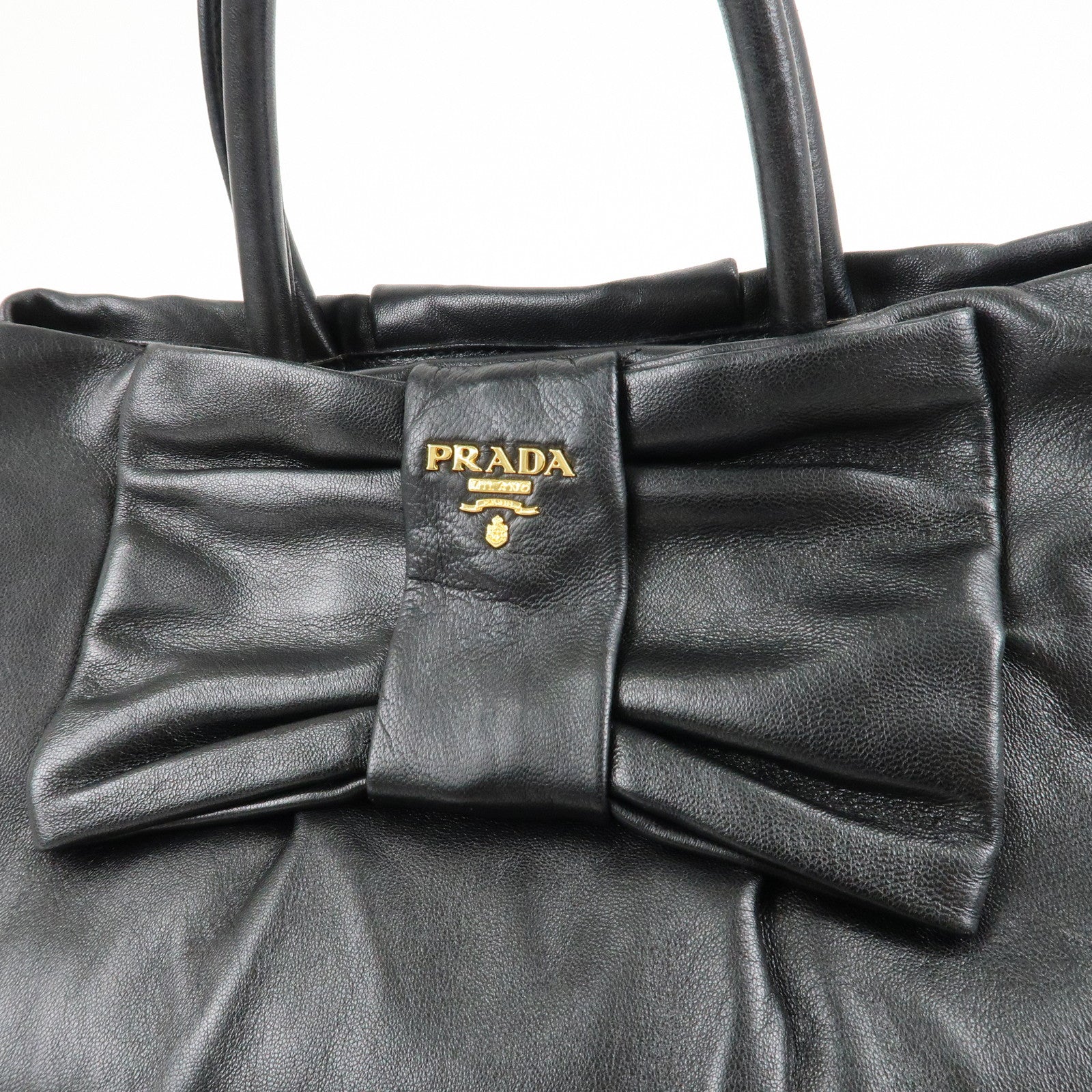PRADA Nappa Leather Ribbon Tote Bag Hand Bag NERO Black BN1601 Used