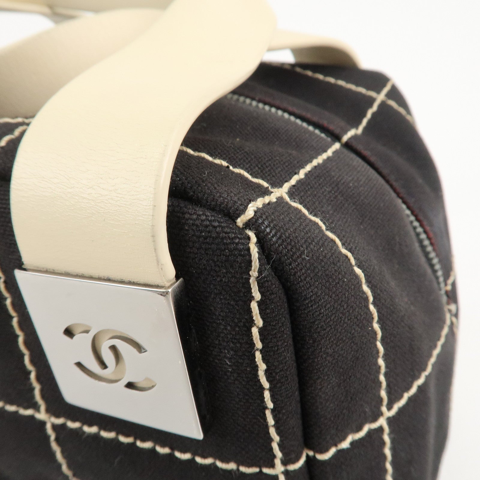 CHANEL Chocolate Bar Stitch Canvas Leather Mini Boston Bag Black Used