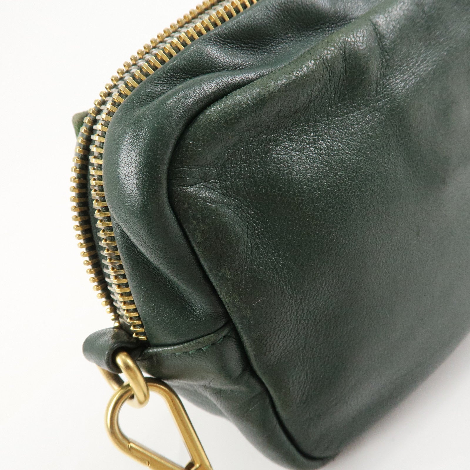 PRADA Logo Leather Ribbon Shoulder Bag Green BP0166 Used