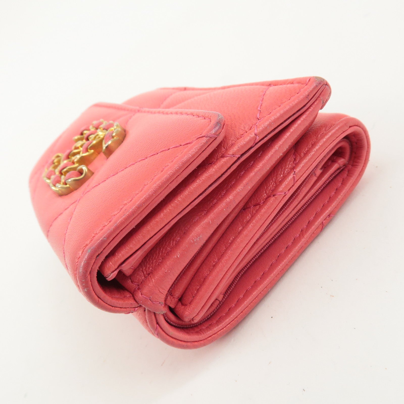 CHANEL Matelasse Lamb Skin Small Tri-fold Wallet Pink AP1789