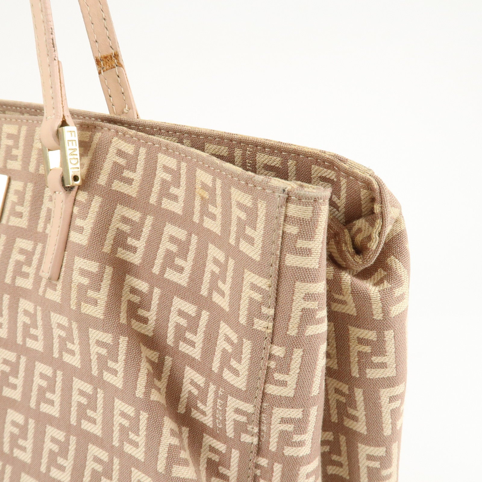 FENDI Zucchino Canvas Leather Tote Bag Pink Beige 8BH133 Used