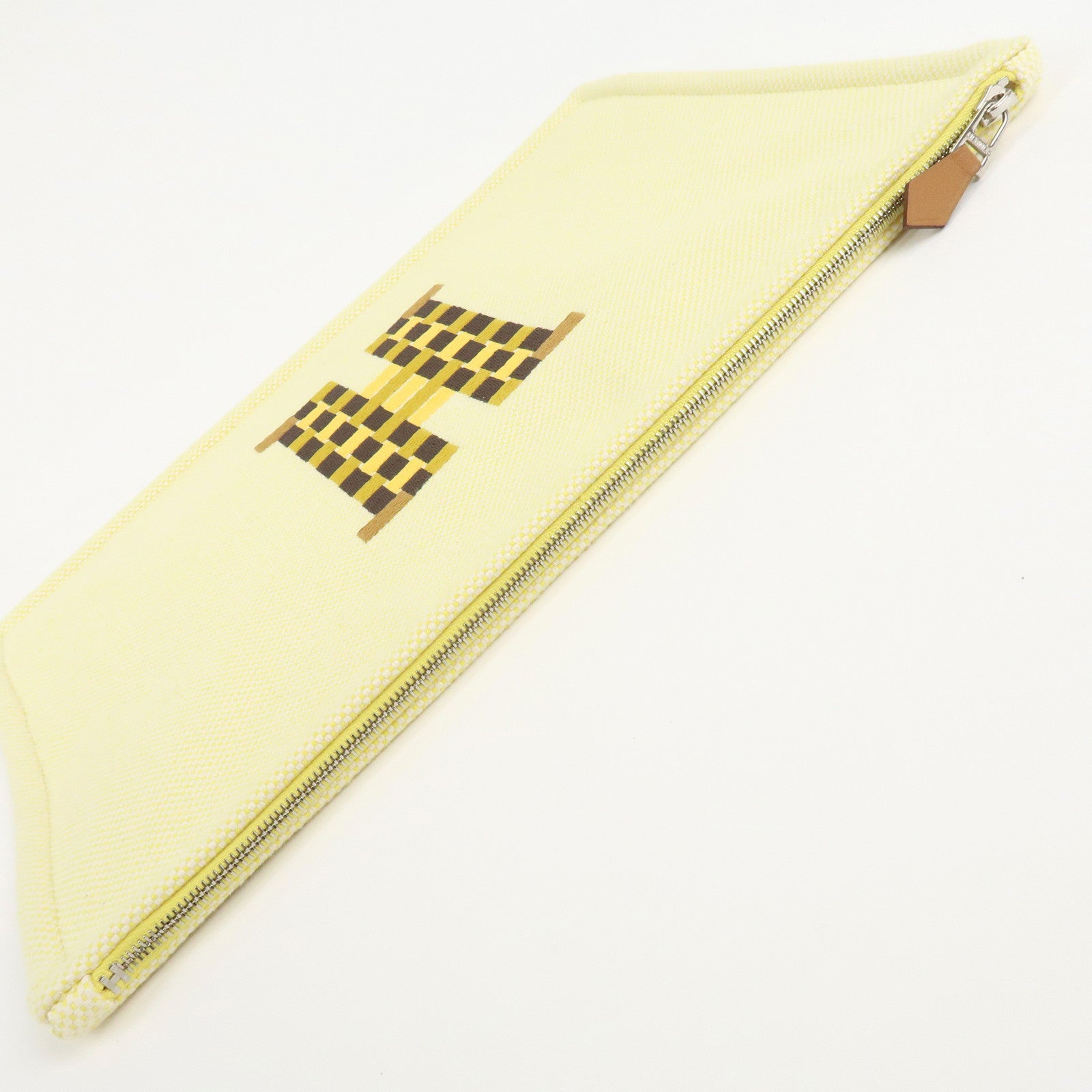 HERMES Canvas Leather H Tissage Yellow Brown Used