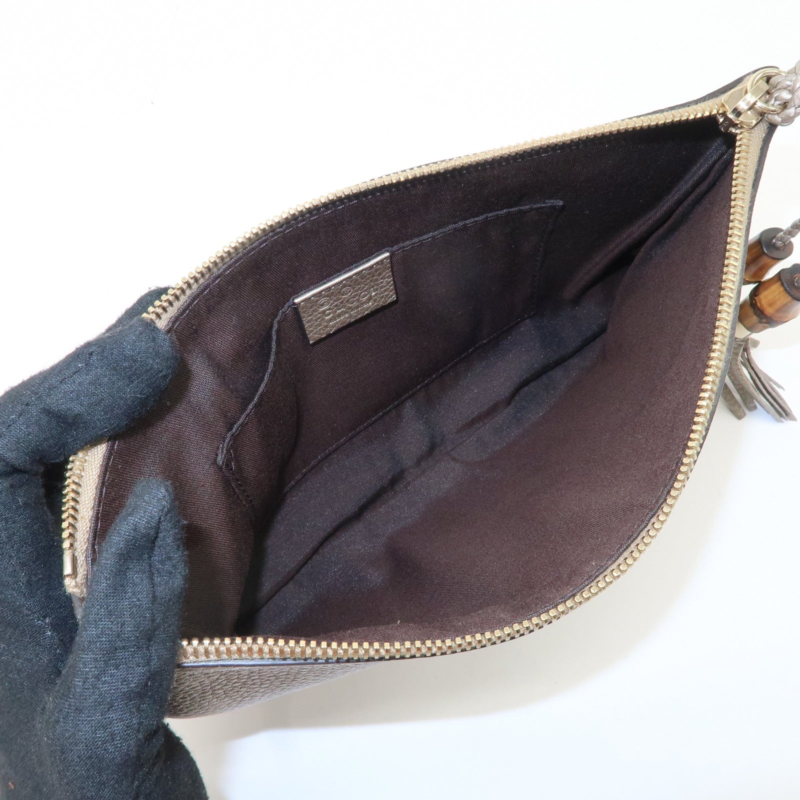 GUCCI Bamboo Leather Tassel Pouch Champaigne Beige 376854 Used