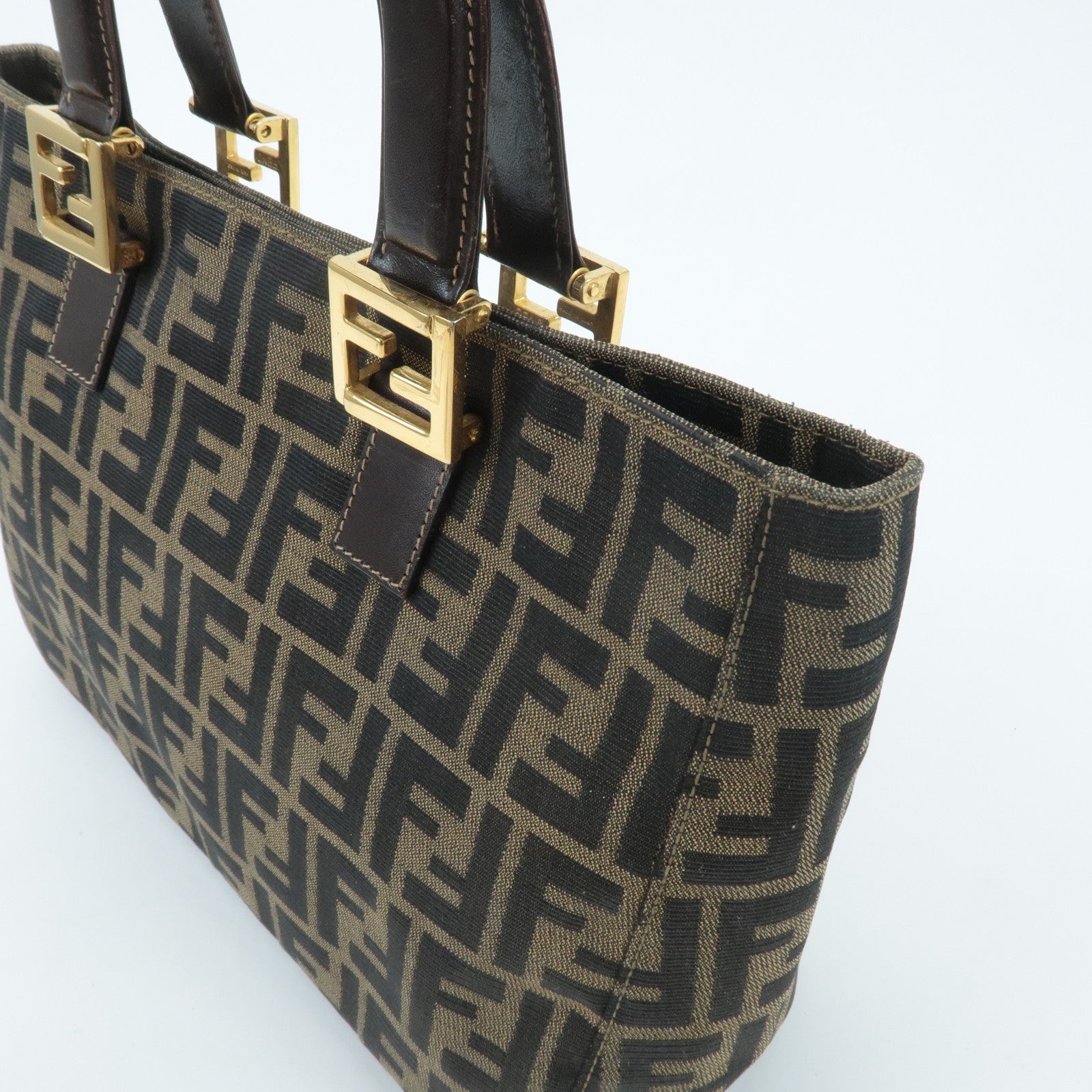 FENDI Zucca Canvas Leather Tote Bag Hand Bag Brown Used