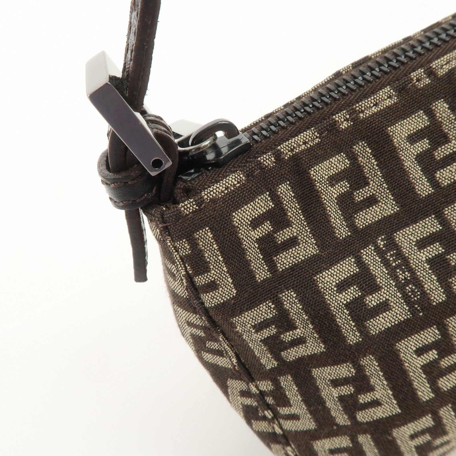 FENDI Zucchino Canvas Leather Shoulder Bag Dark Brown 8BR249 Used