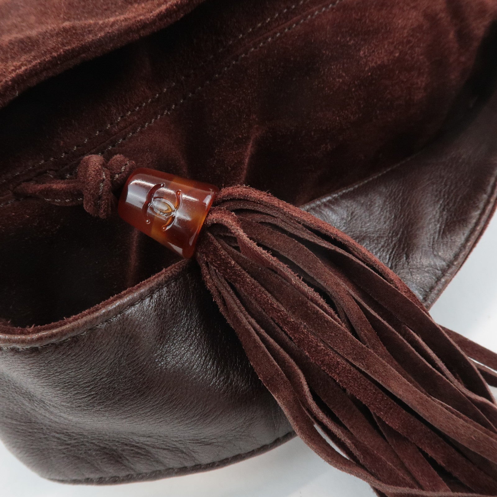 CHANEL COCO Mark Suede Leather Fringe Shoulder Bag Brown Used