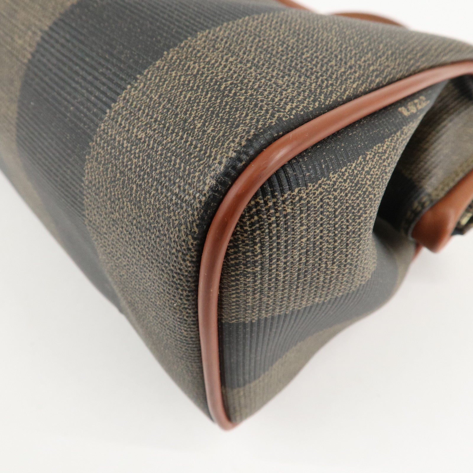 FENDI Pequin PVC Leather Mini Boston Bag Khaki Brown Black Used