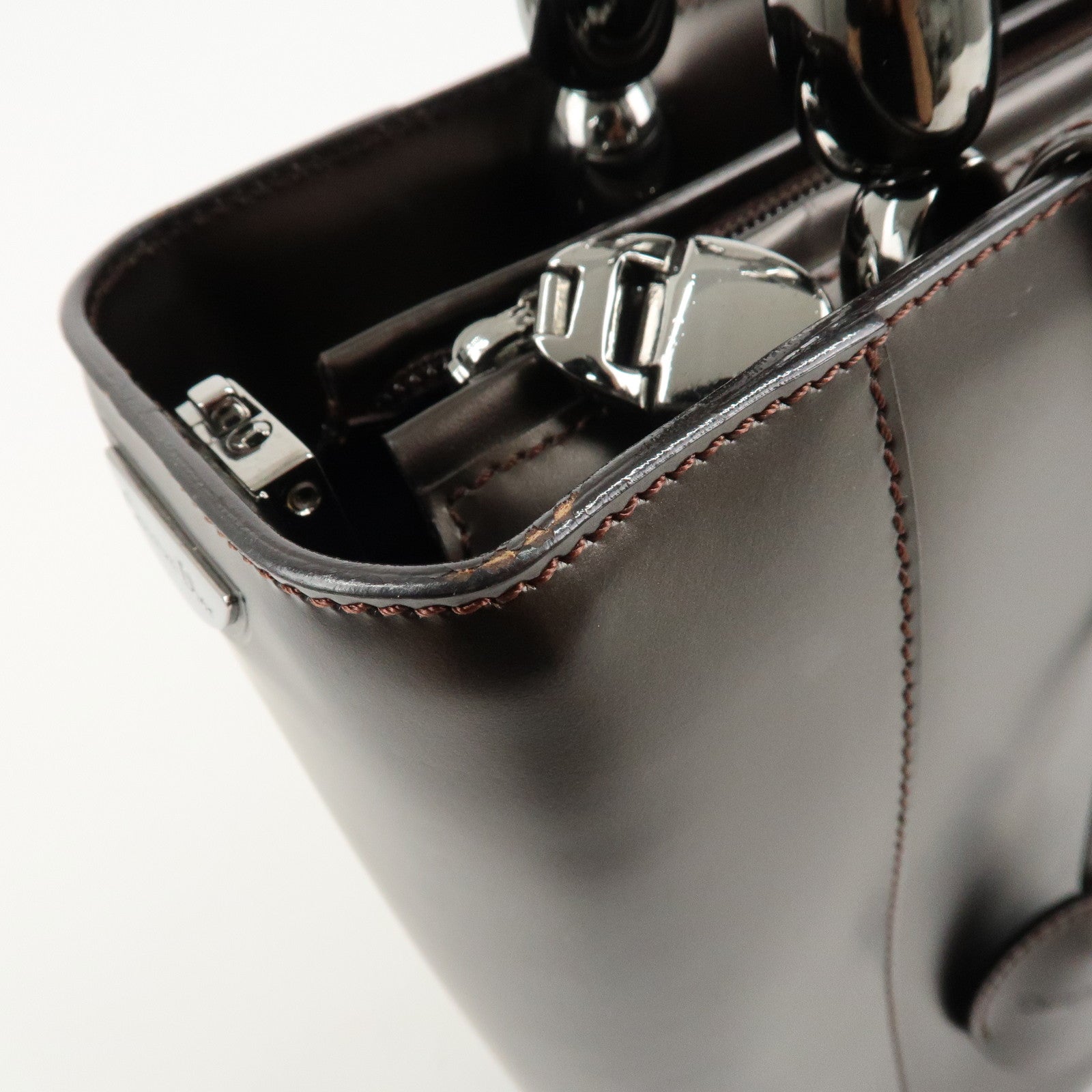 Christian Dior Maris Pearl Leather 2way Bag Hand Bag Dark Brown Used