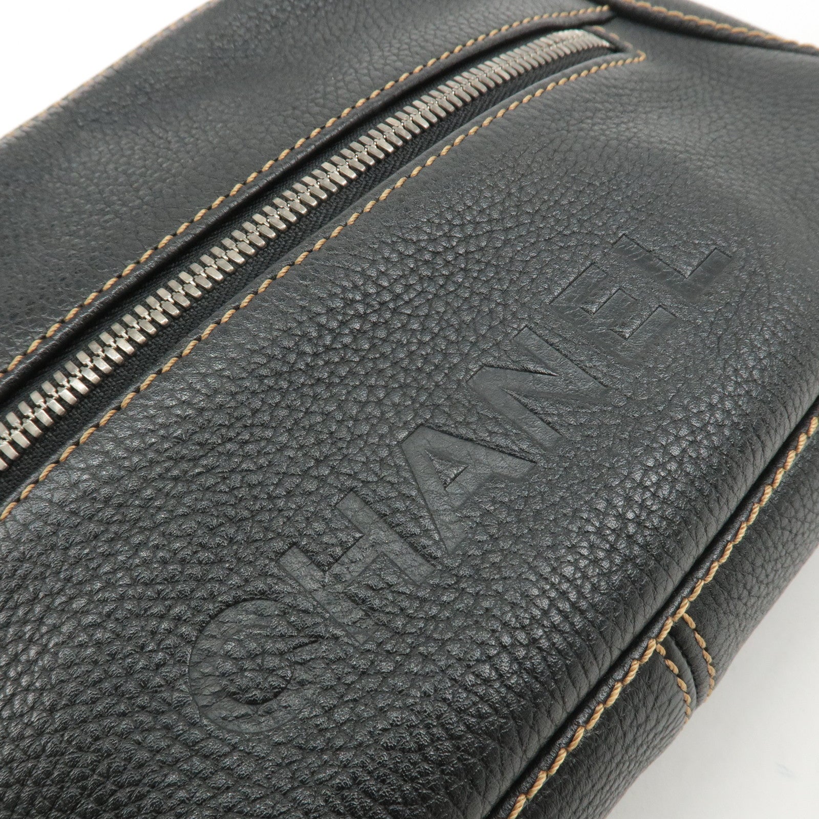 CHANEL Leather Shoulder Bag Black Silver Used