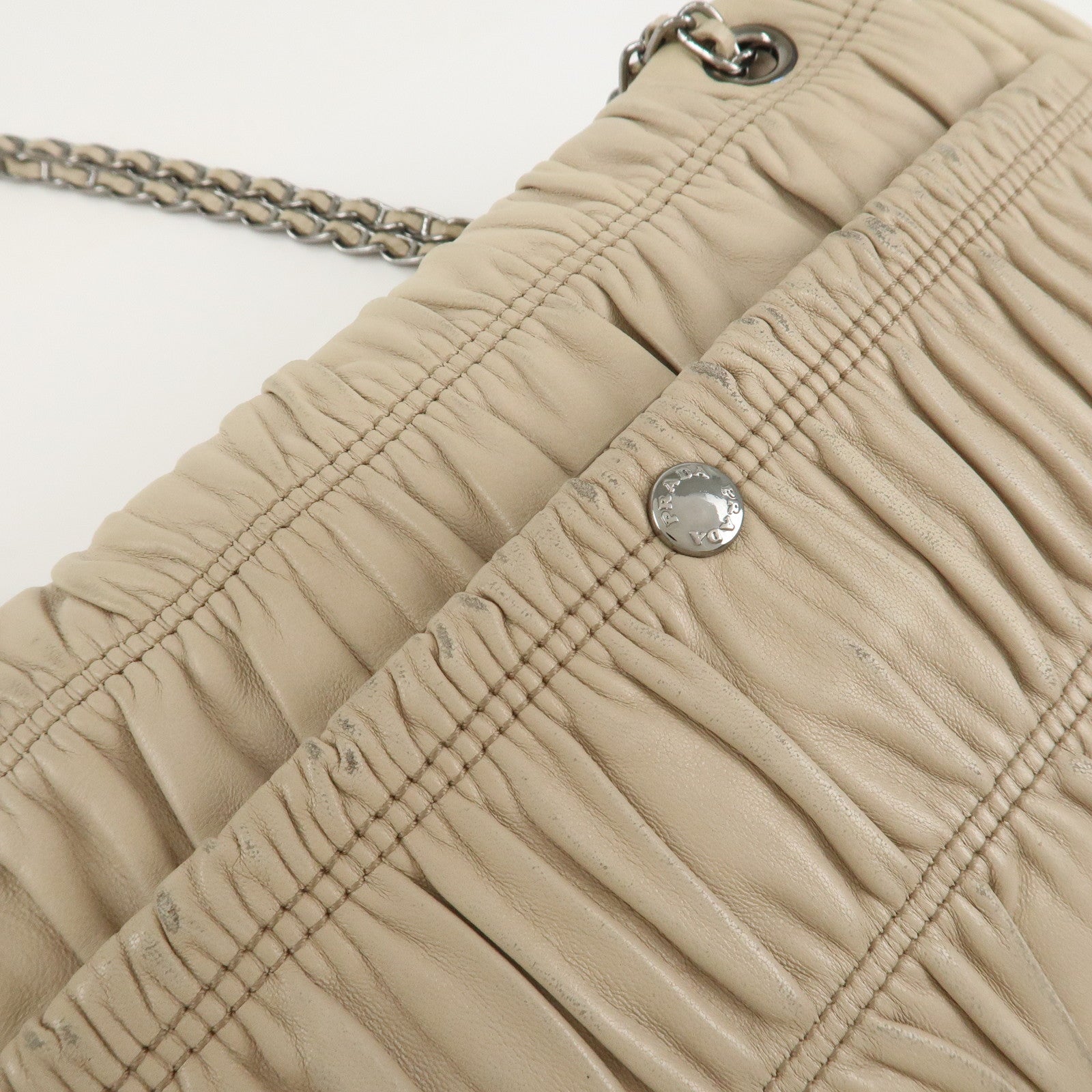 PRADA Leather Gathered Chain Shoulder Bag Ivory B4695C Used