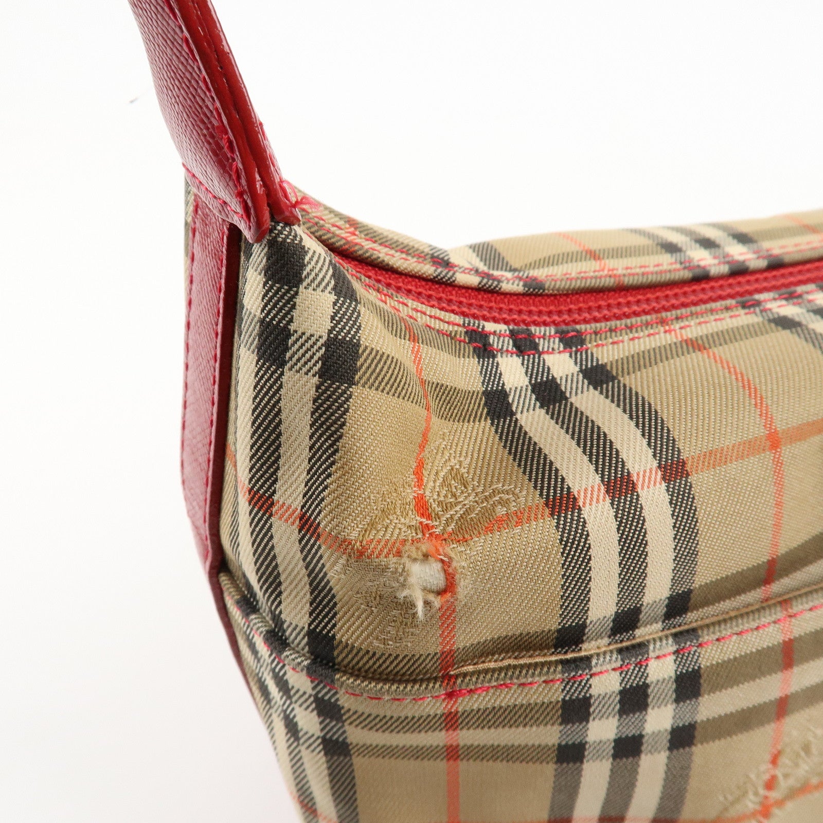 BURBERRY Nova Plaid Canvas Leather Shoulder Bag Hand Bag Red Used