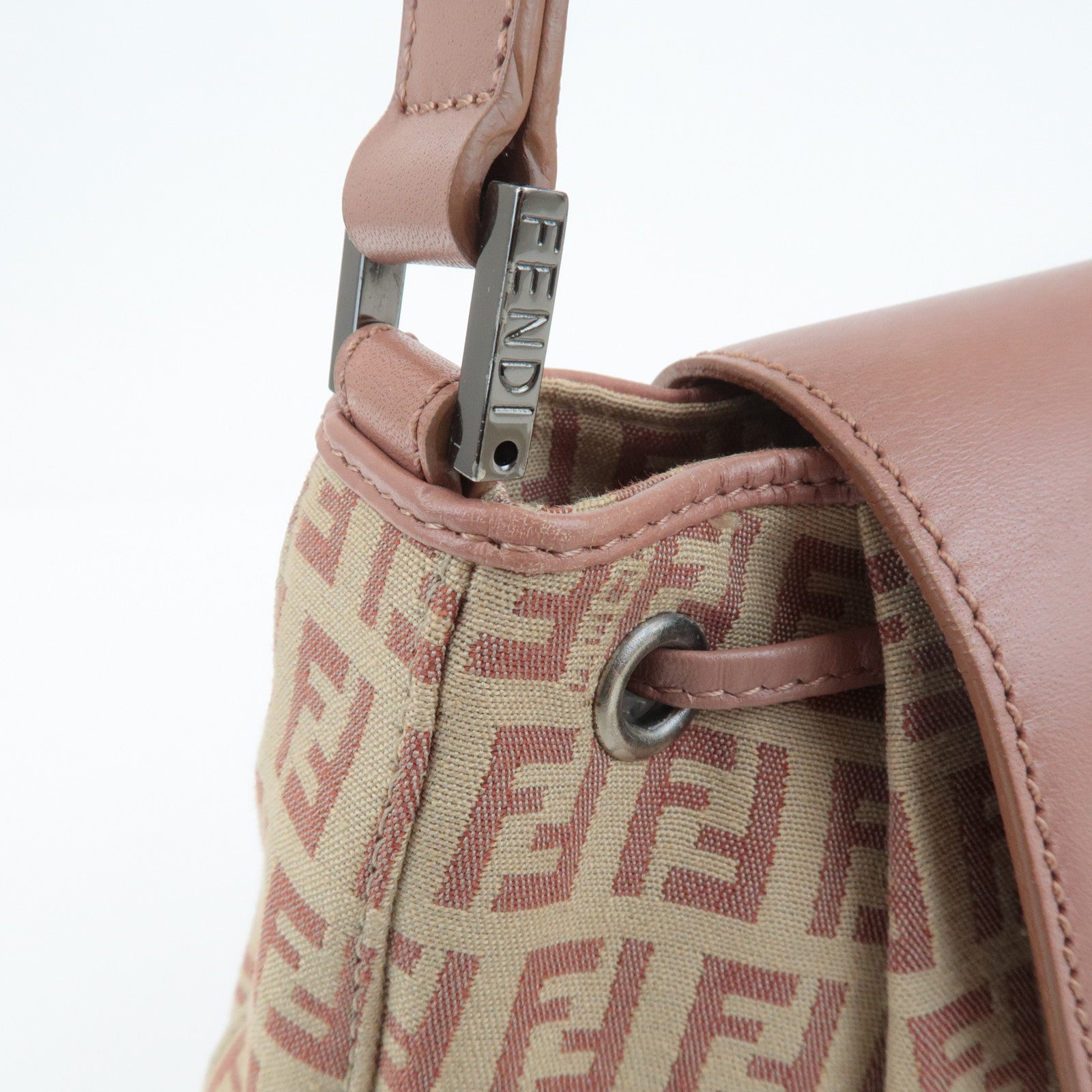 FENDI Zucchino Canvas Leather Shoulder Bag Beige Pink 8BR282 Used