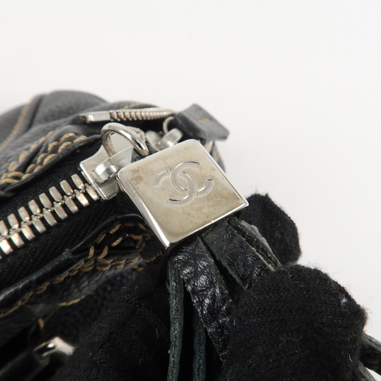 CHANEL COCO Mark Leather Fringe Shoulder Bag Hand Bag Black Used